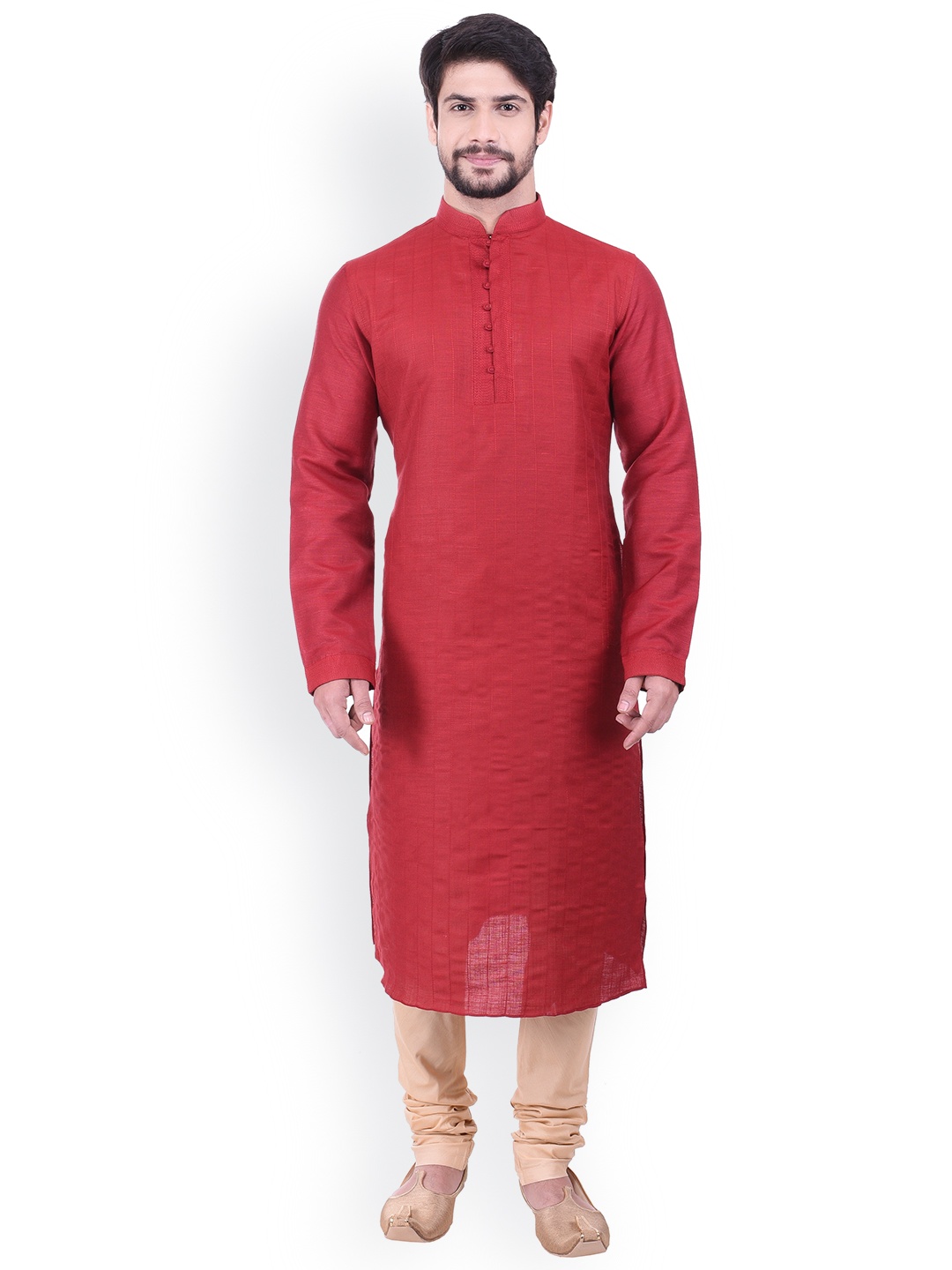 

Manyavar Men Maroon & Beige Self Design Kurta with Churidar