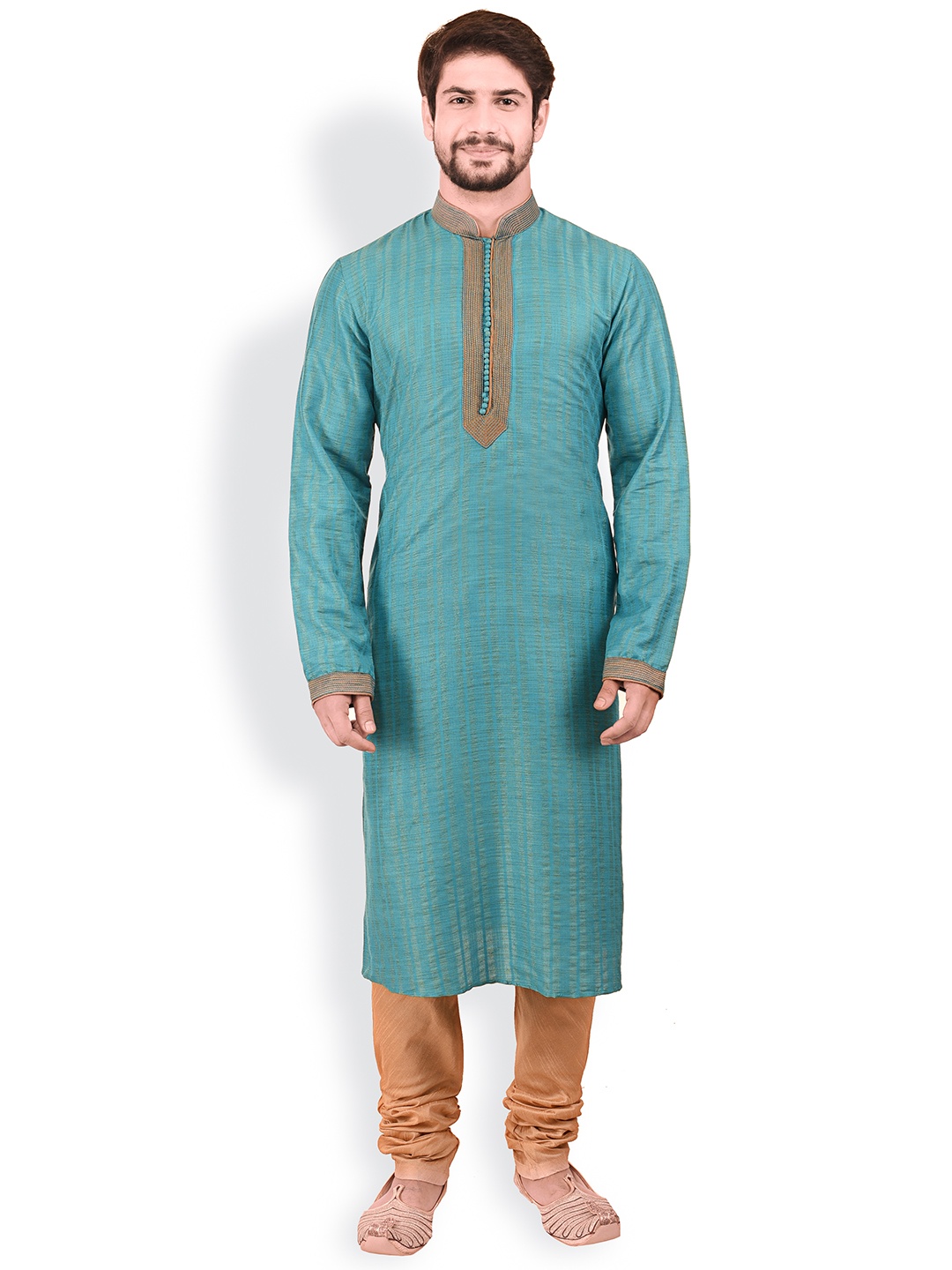 

Manyavar Men Sea Green & Brown Self Design Kurta With Churidar
