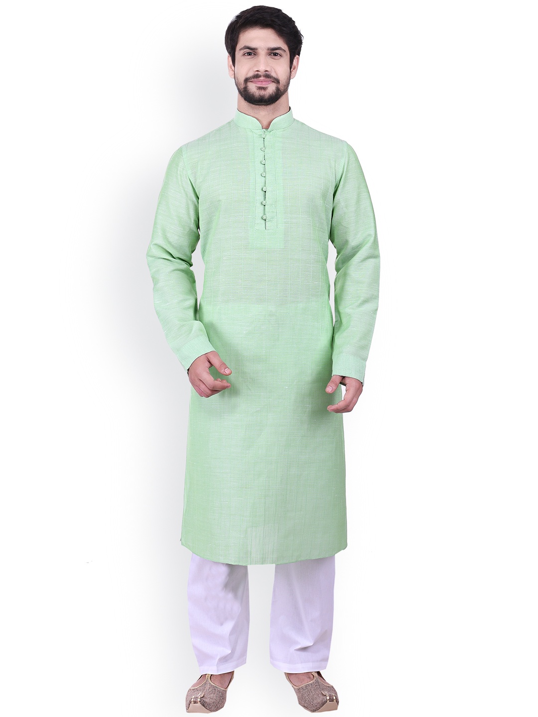 

Manyavar Men Green & White Self Design Kurta with Pyjamas