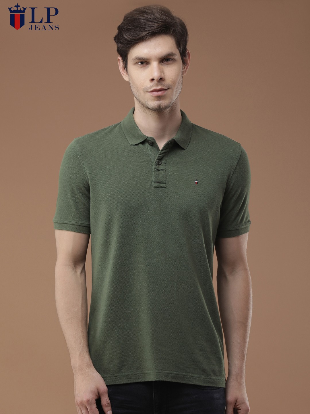 

Louis Philippe Jeans Men Olive Green Solid Polo Collar T-shirt