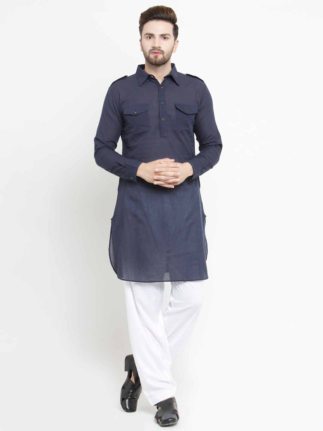 

Purple State Men Navy Blue Solid Pathani Kurta
