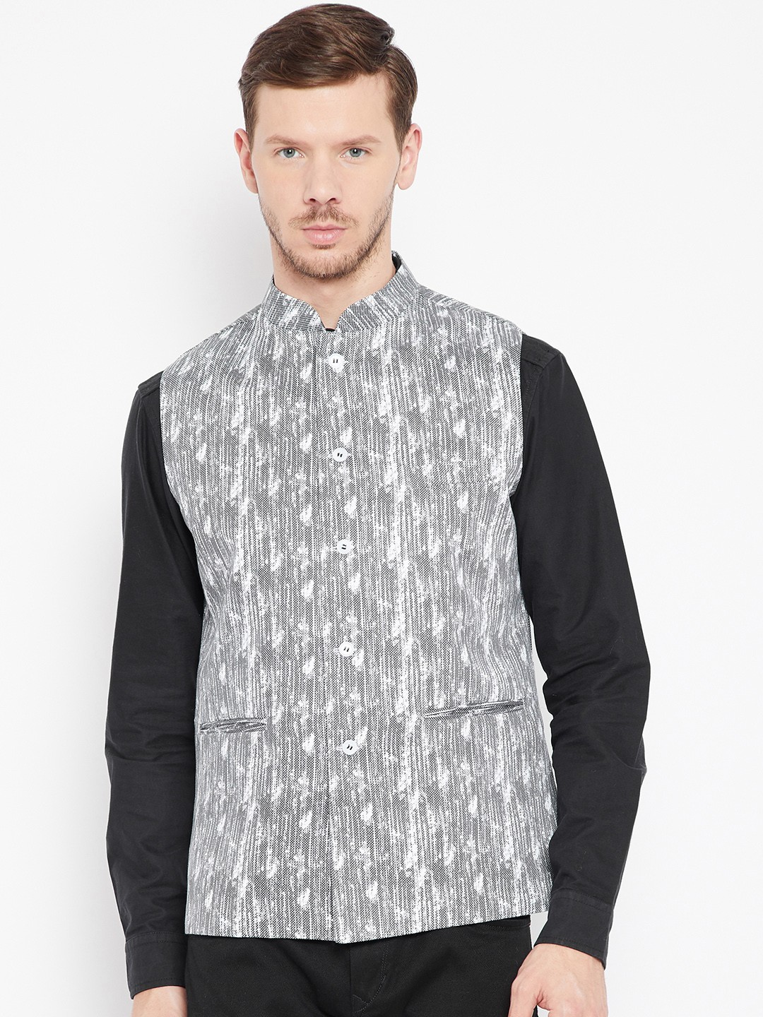 

Shaftesbury London Grey Printed Nehru Jacket