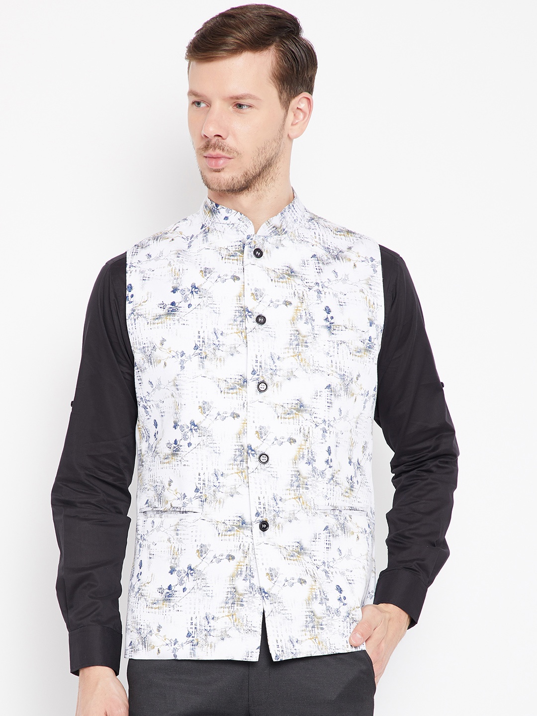 

Shaftesbury London White Printed Nehru Jacket