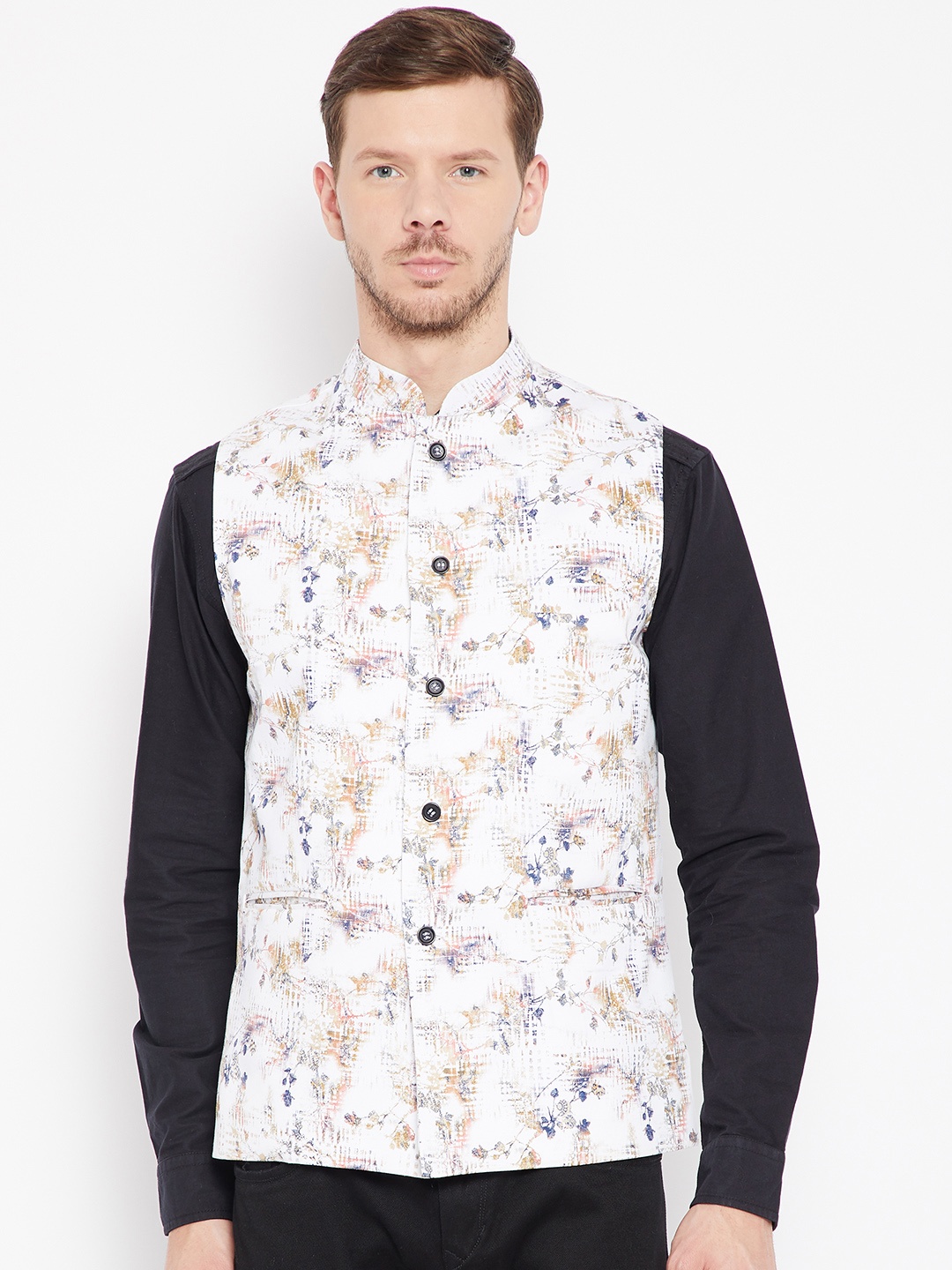 

Shaftesbury London White & Pink Printed Nehru Jacket