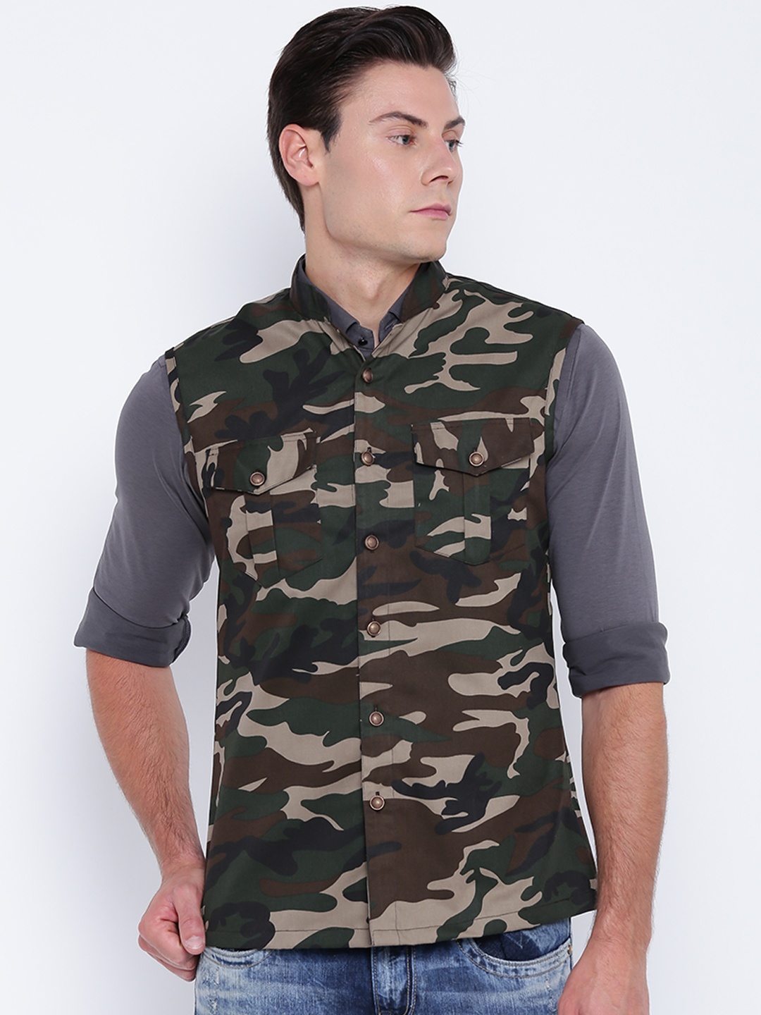 

Shaftesbury London Men Olive Green & Brown Camouflage Print Nehru Jacket