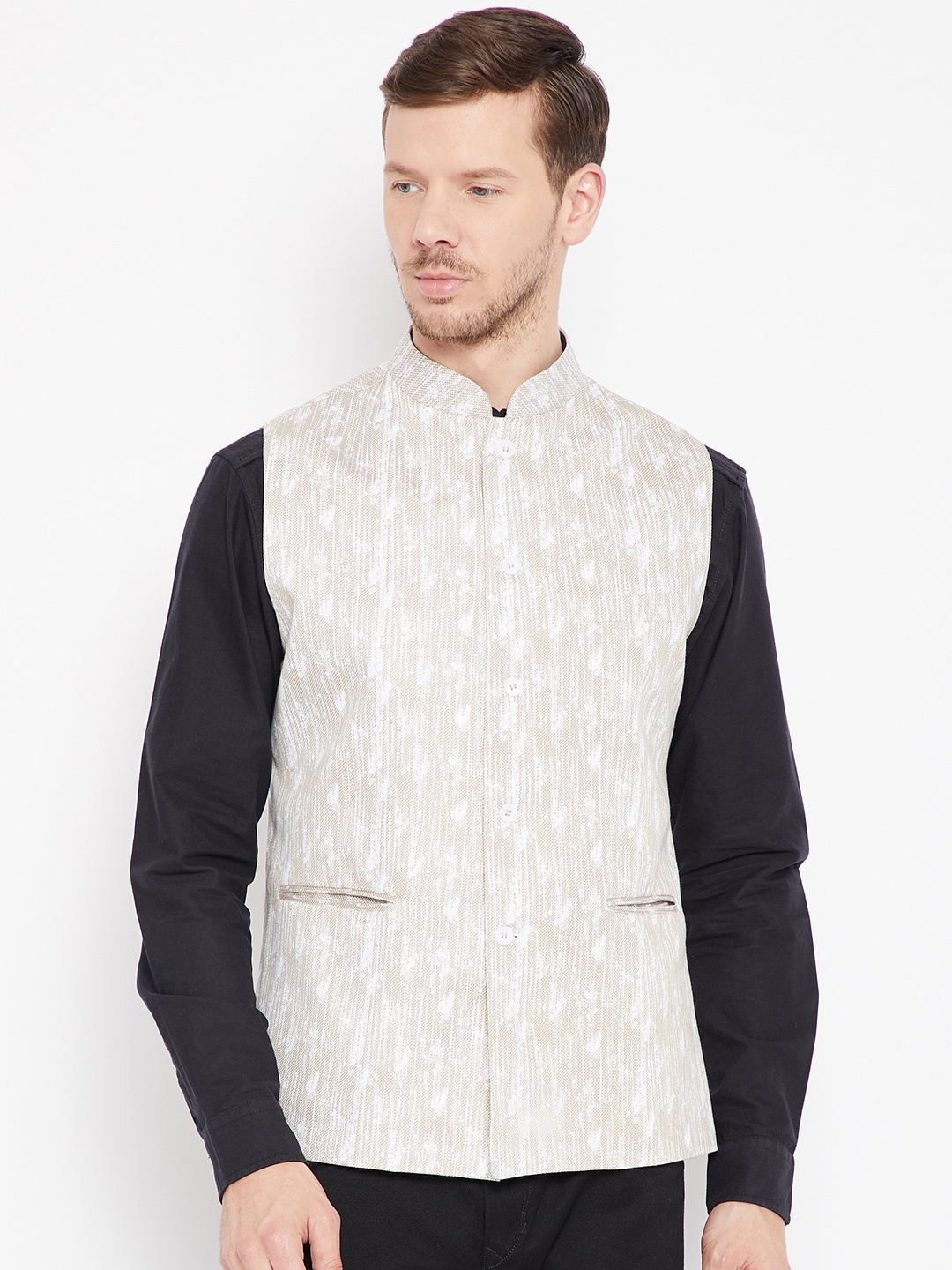 

Shaftesbury London Men Beige Woven Design Nehru Jacket