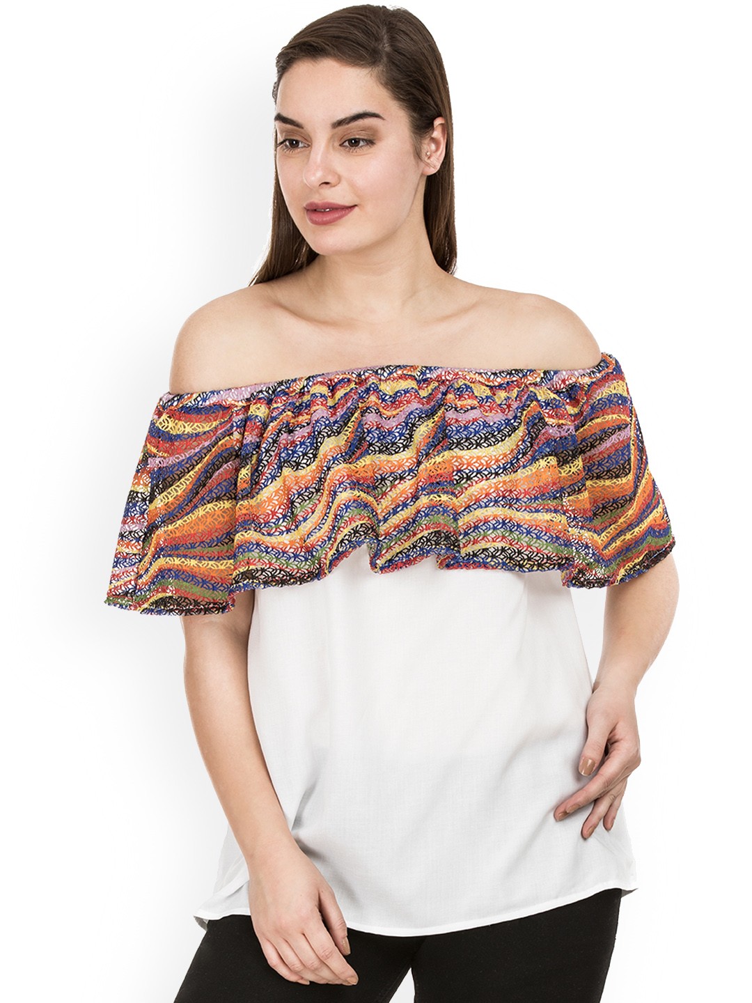 

IDK Women White Self Design Bardot Top