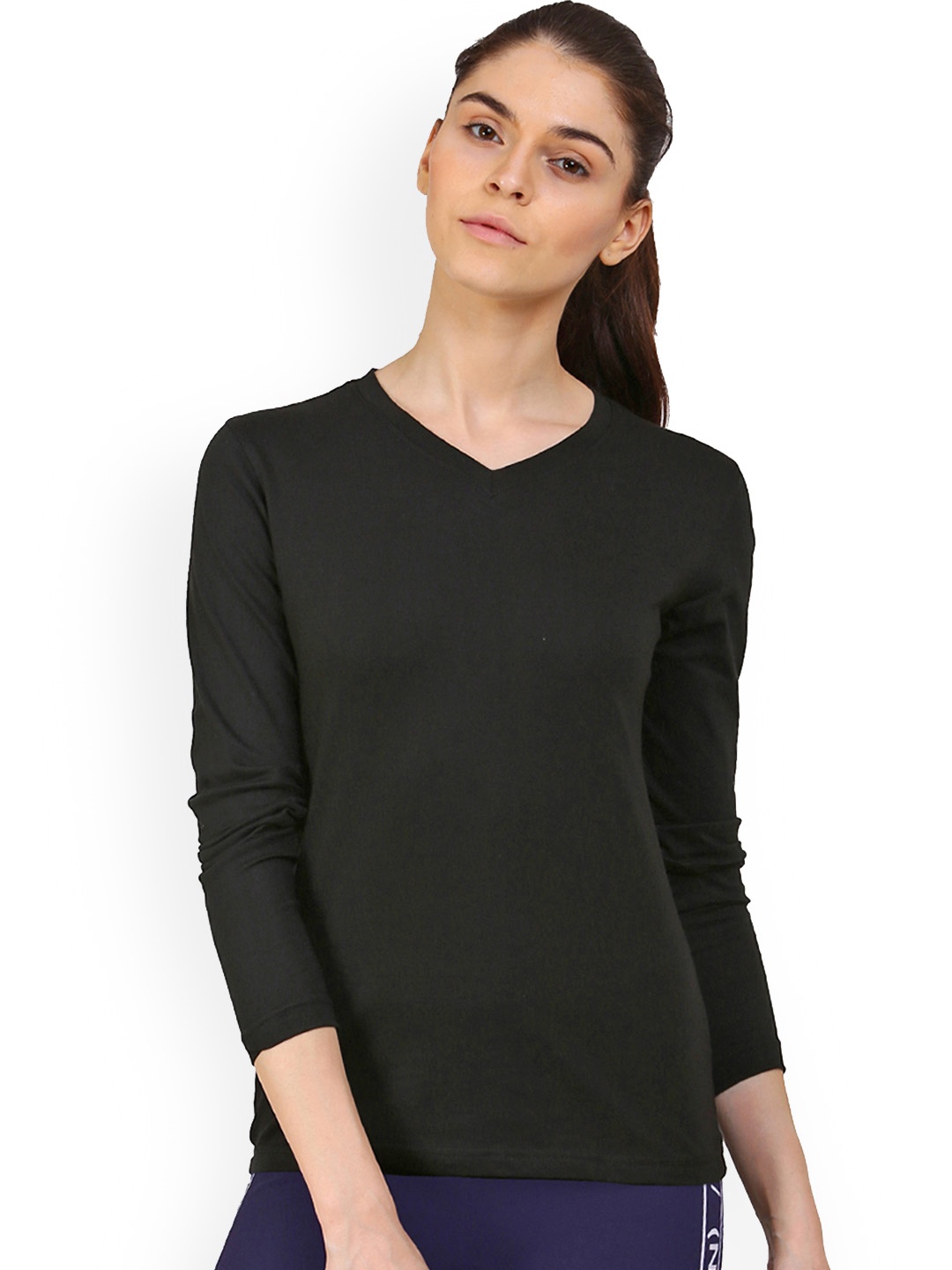 

appulse Women Black Solid V-Neck T-shirt