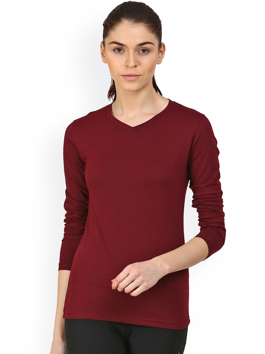 

appulse Women Maroon Solid V-Neck T-shirt