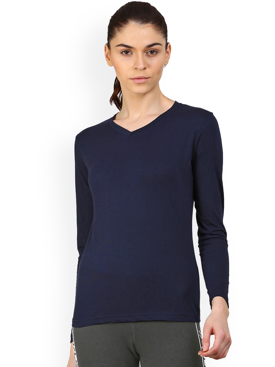 

appulse Women Navy Blue Solid V-Neck T-shirt