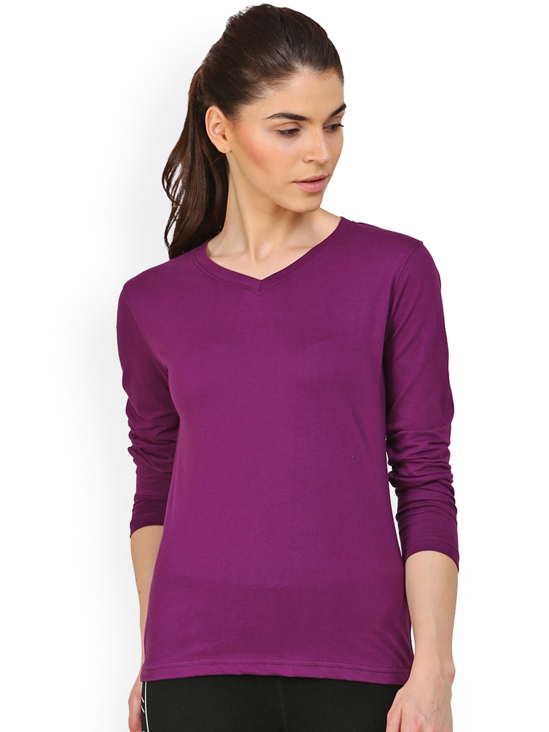 

appulse Women Purple Solid V-Neck T-shirt