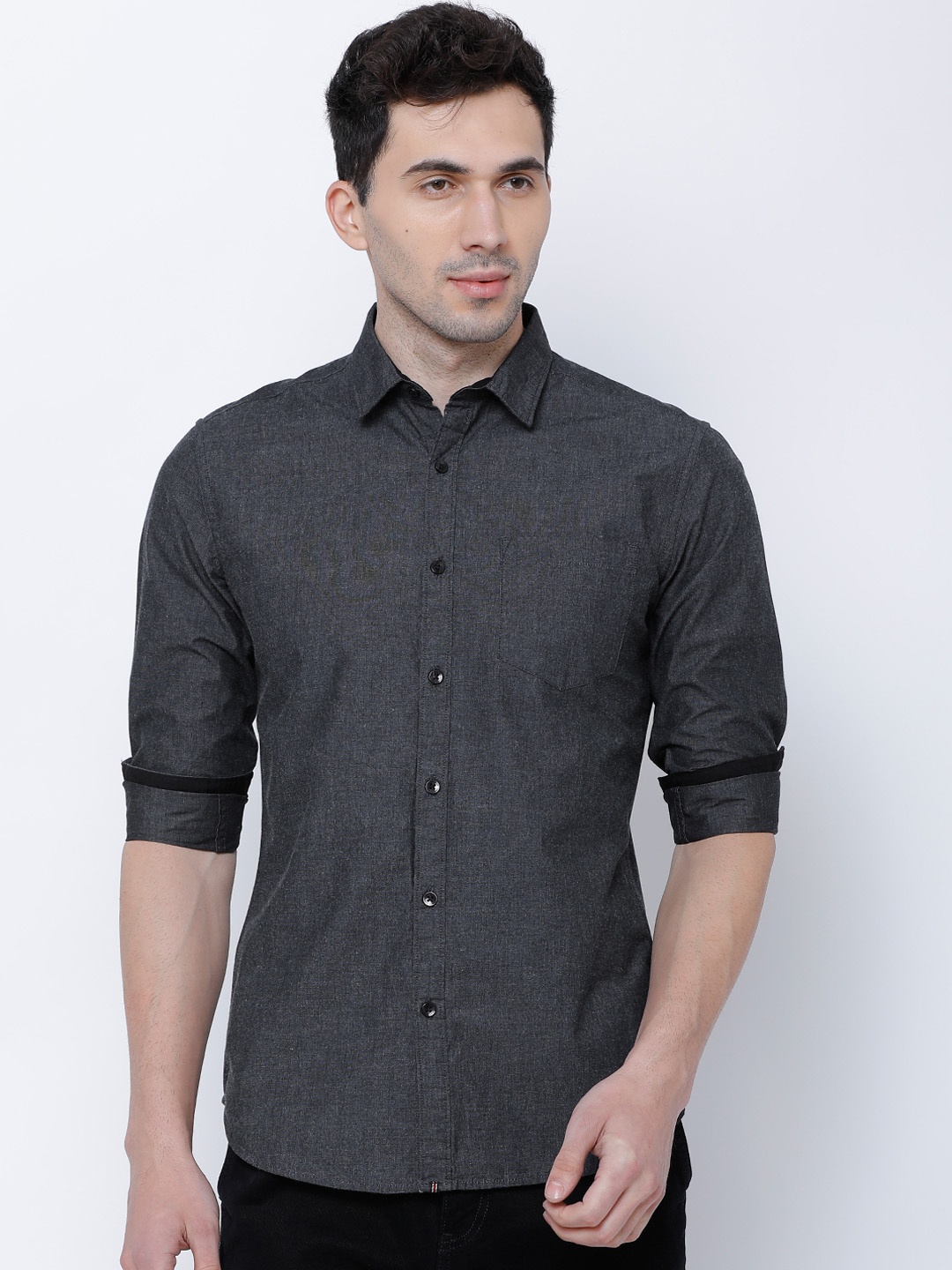 

Black coffee Men Charcoal Slim Fit Solid Casual Shirt