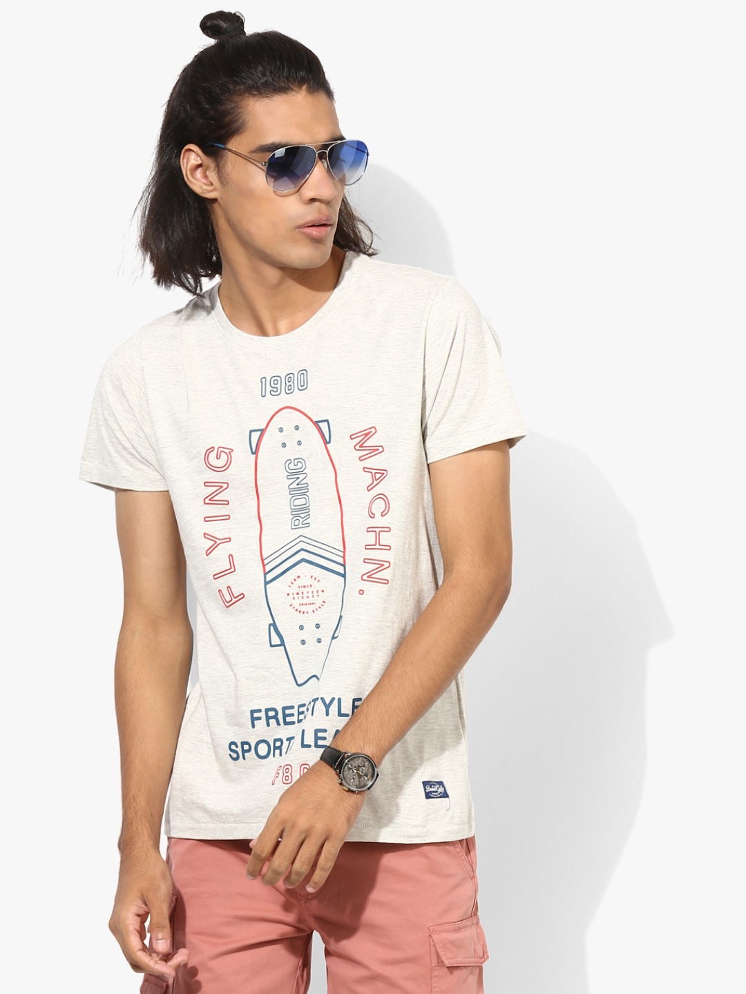 

Flying Machine Men Cream-Coloured Printed Round Neck T-shirt