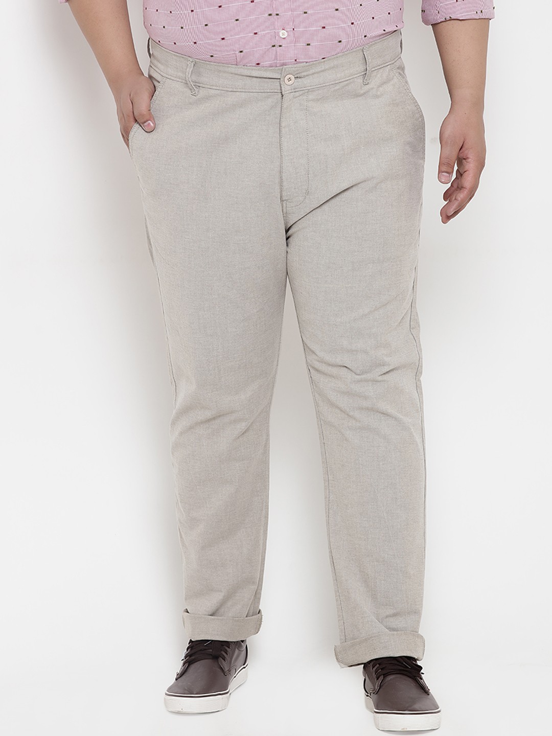 

John Pride Plus Size Men Beige Regular Fit Solid Regular Trousers