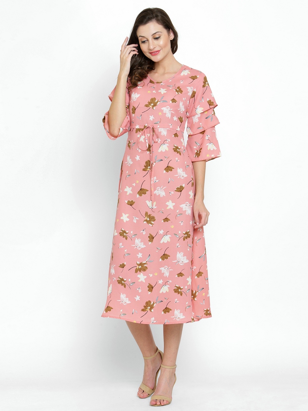 

Azira Women Peach-Coloured Printed Fit and Flare Dress