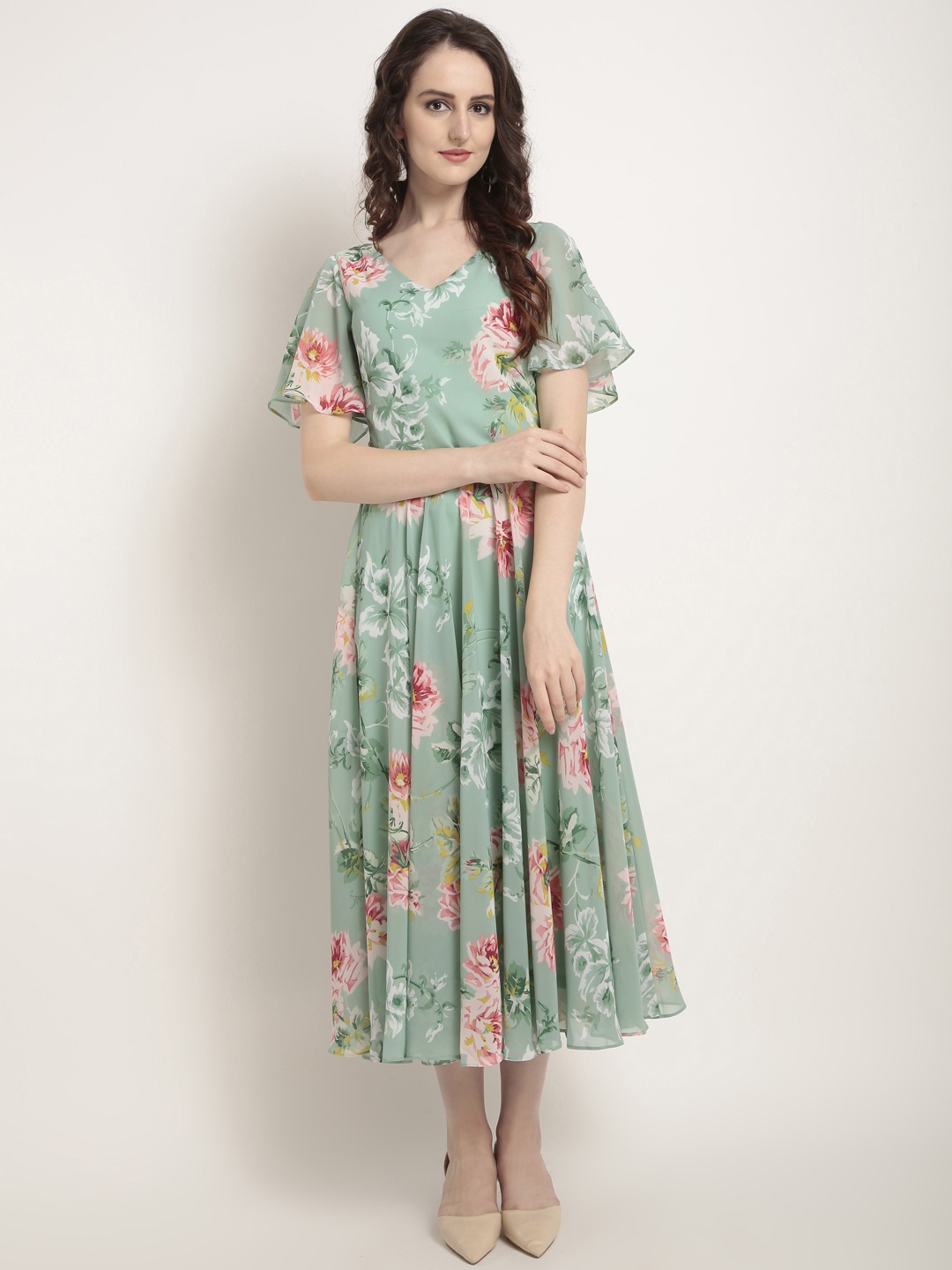 

RARE Green Floral Printed Fit and Flare Dress