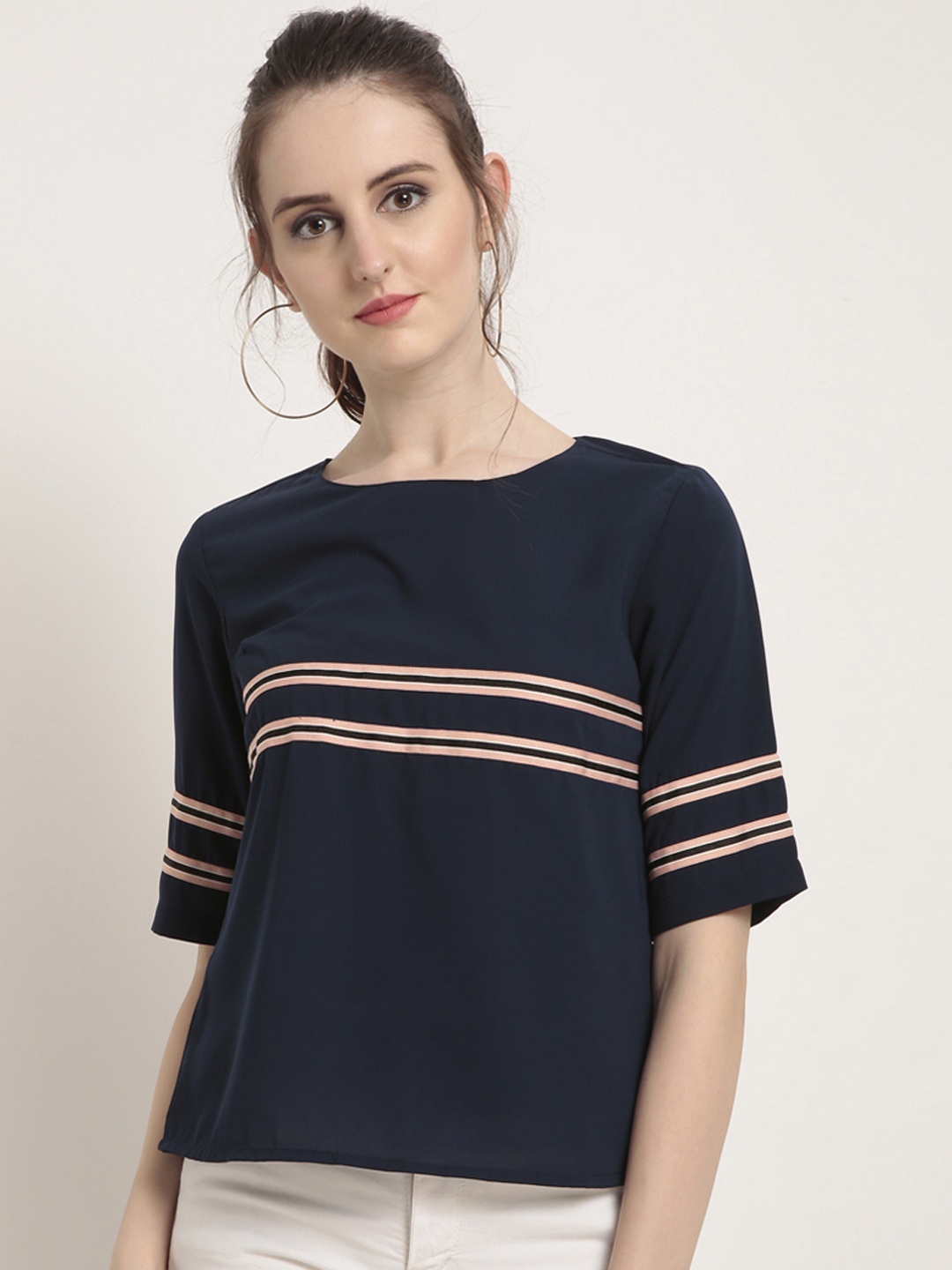 

RARE Women Navy Blue Striped Top