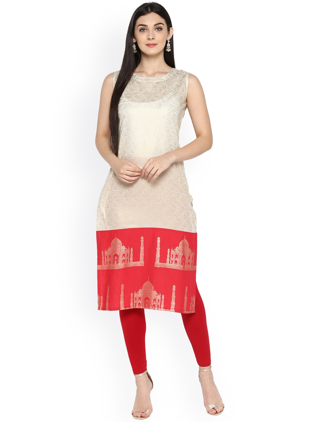 

Ahalyaa Women Beige Orange Printed Straight Cotton Kurta