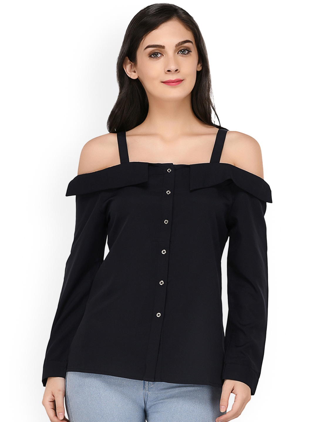 

PURYS Women Navy Blue Solid Bardot Top