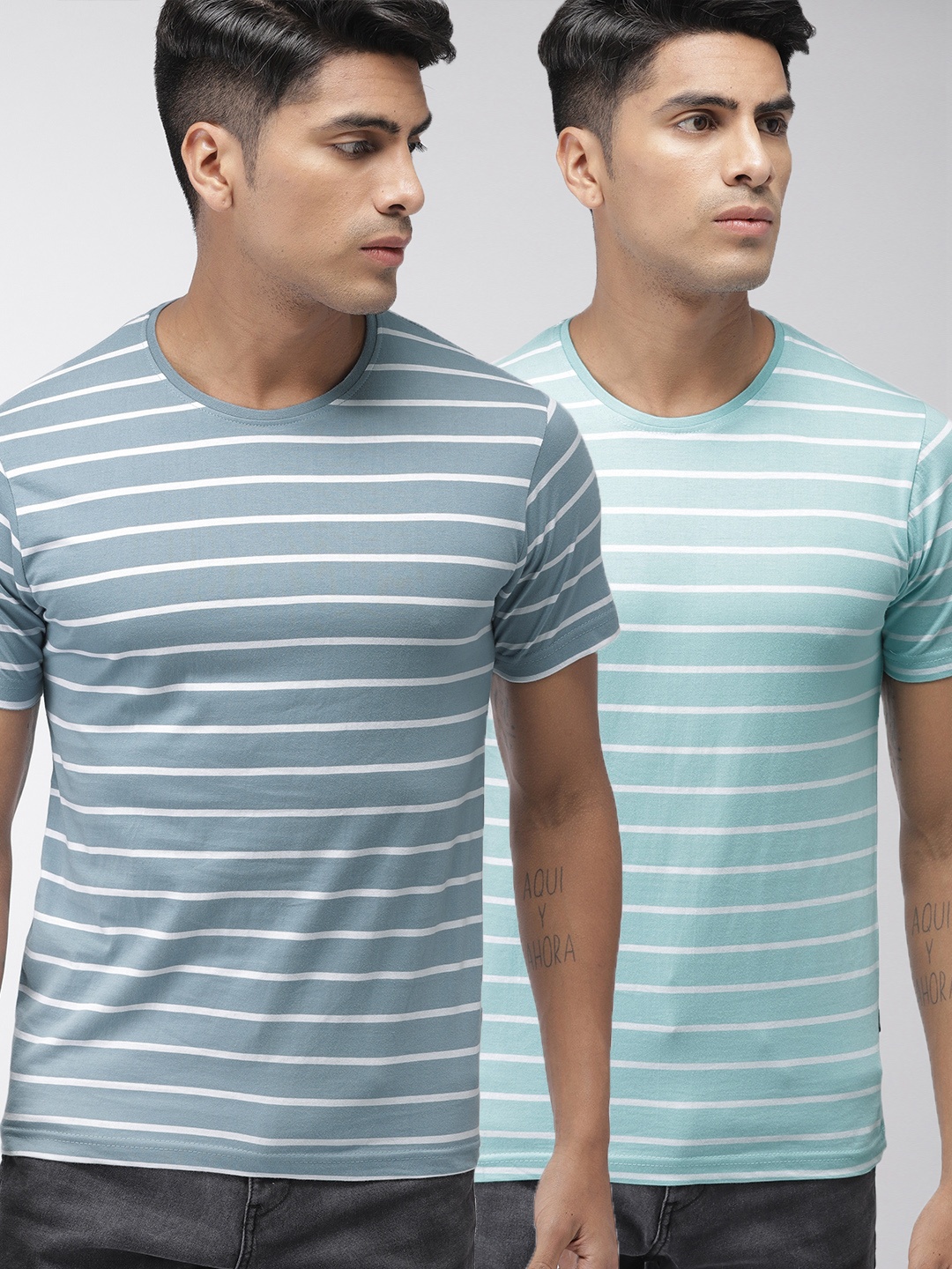 

HIGHLANDER Men Men Pack Of 2 Printed Round Neck Pure Cotton T-shirts, Blue