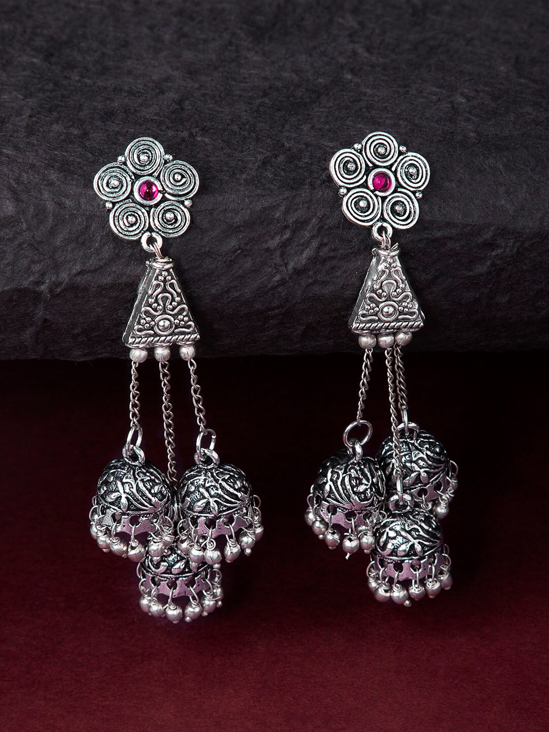 

Rubans Oxidised Silver-Toned Jhumkas
