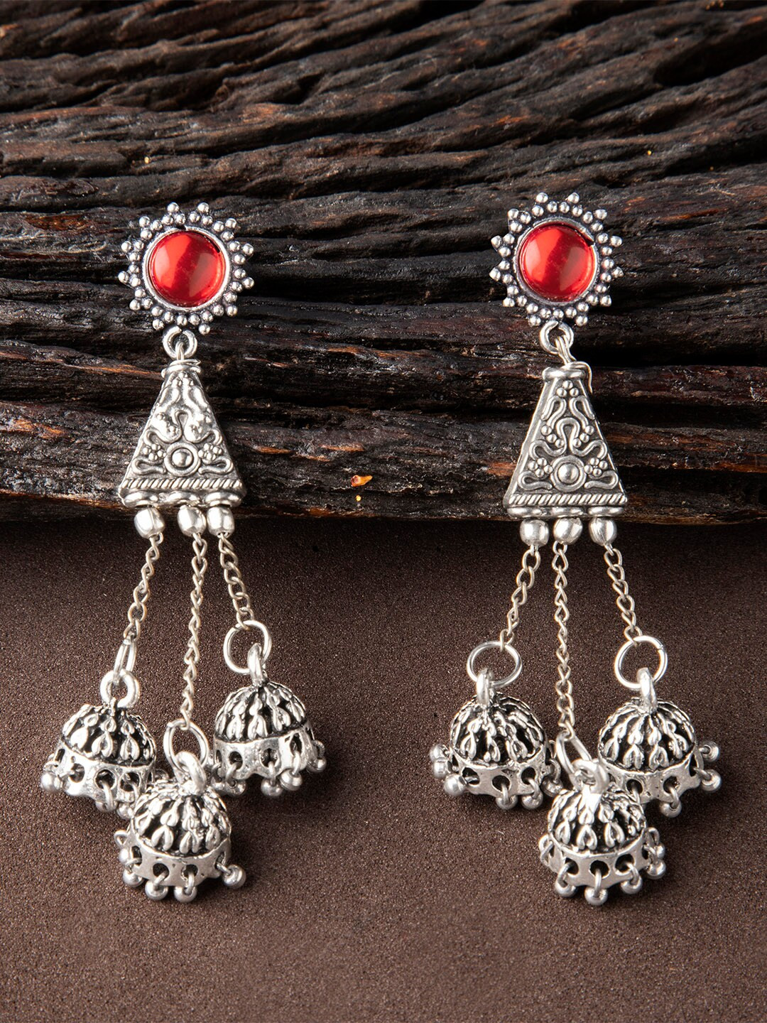 

Rubans Silver-Toned & Red Classic Jhumkas