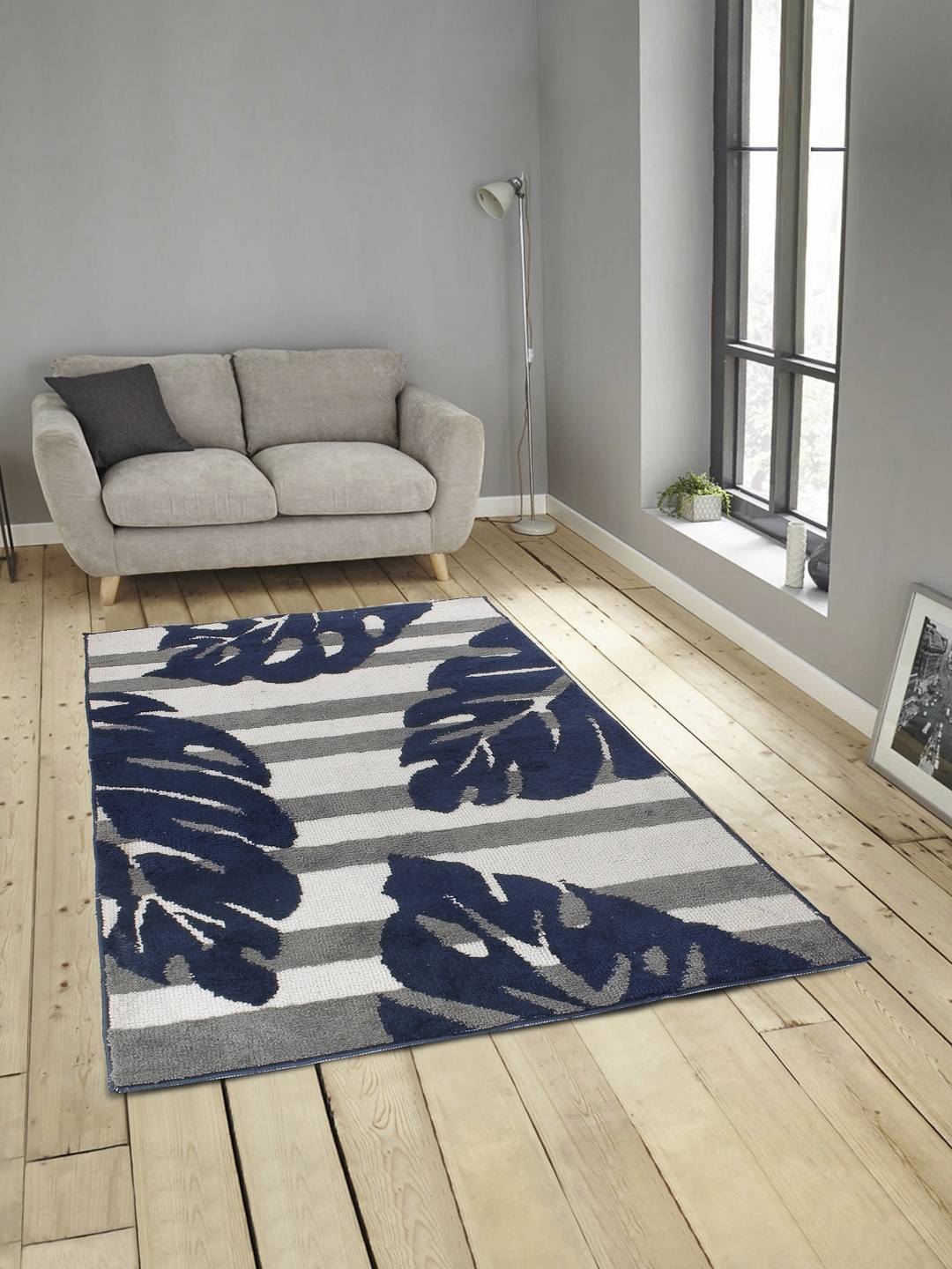 

ROMEE Beige, Grey & Navy-Blue Floral Printed Carpet