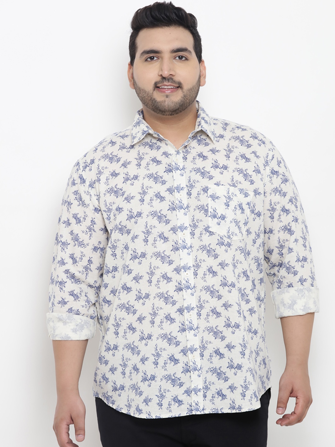 

John Pride Plus Size Men White Blue Regular Fit Printed Casual Shirt