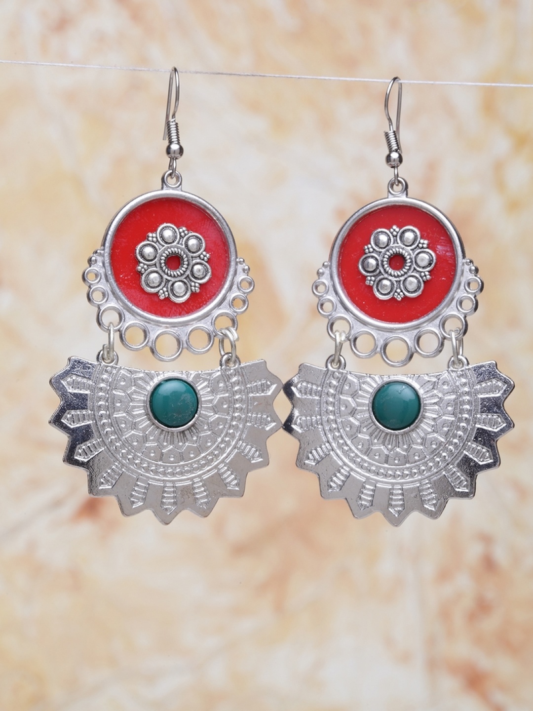

Moedbuille Silver-Toned & Red Geometric Chandbalis
