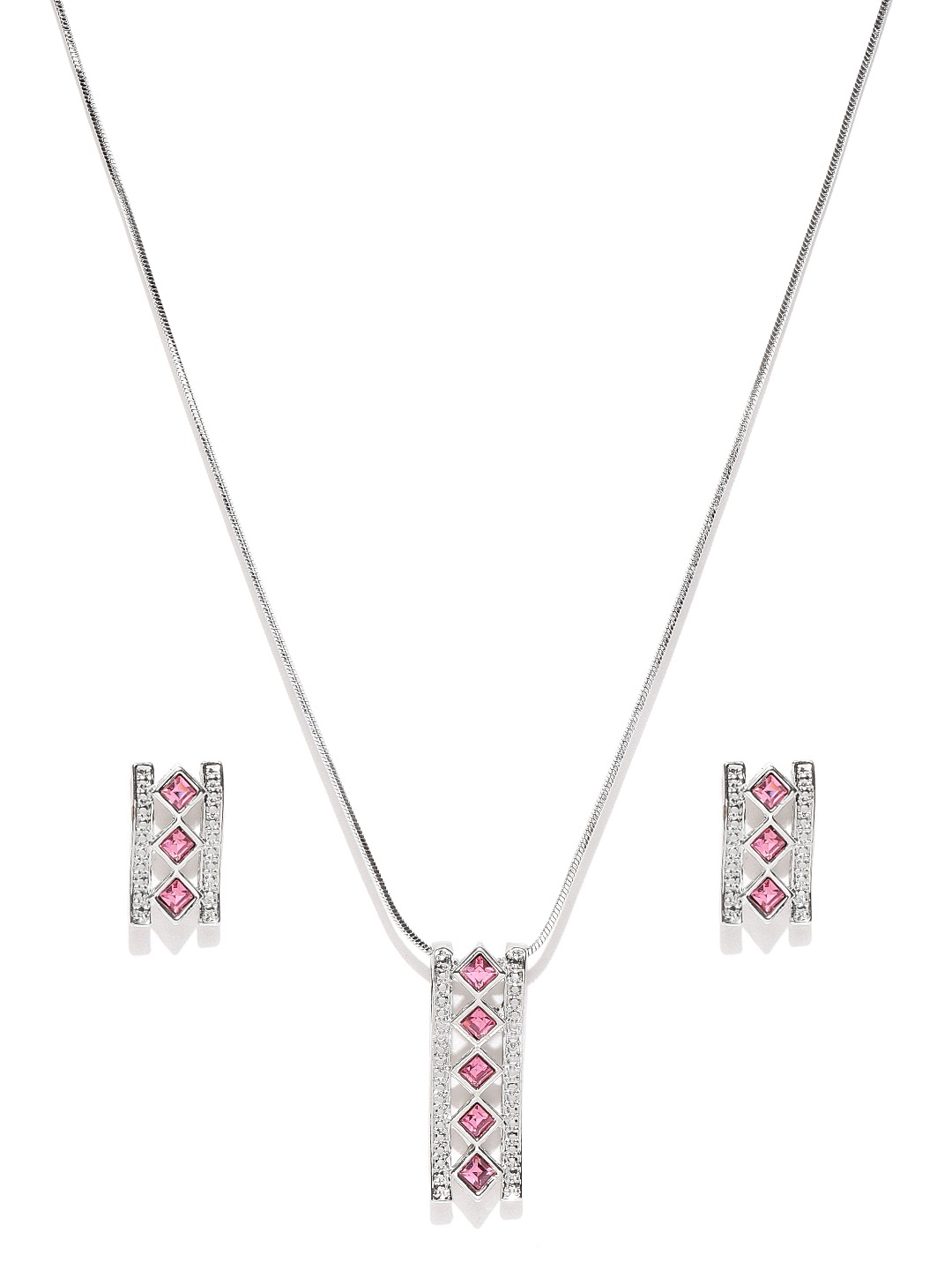 

Mahi Silver-Toned & Pink Swarovski Crystals-Studded Jewellery Set