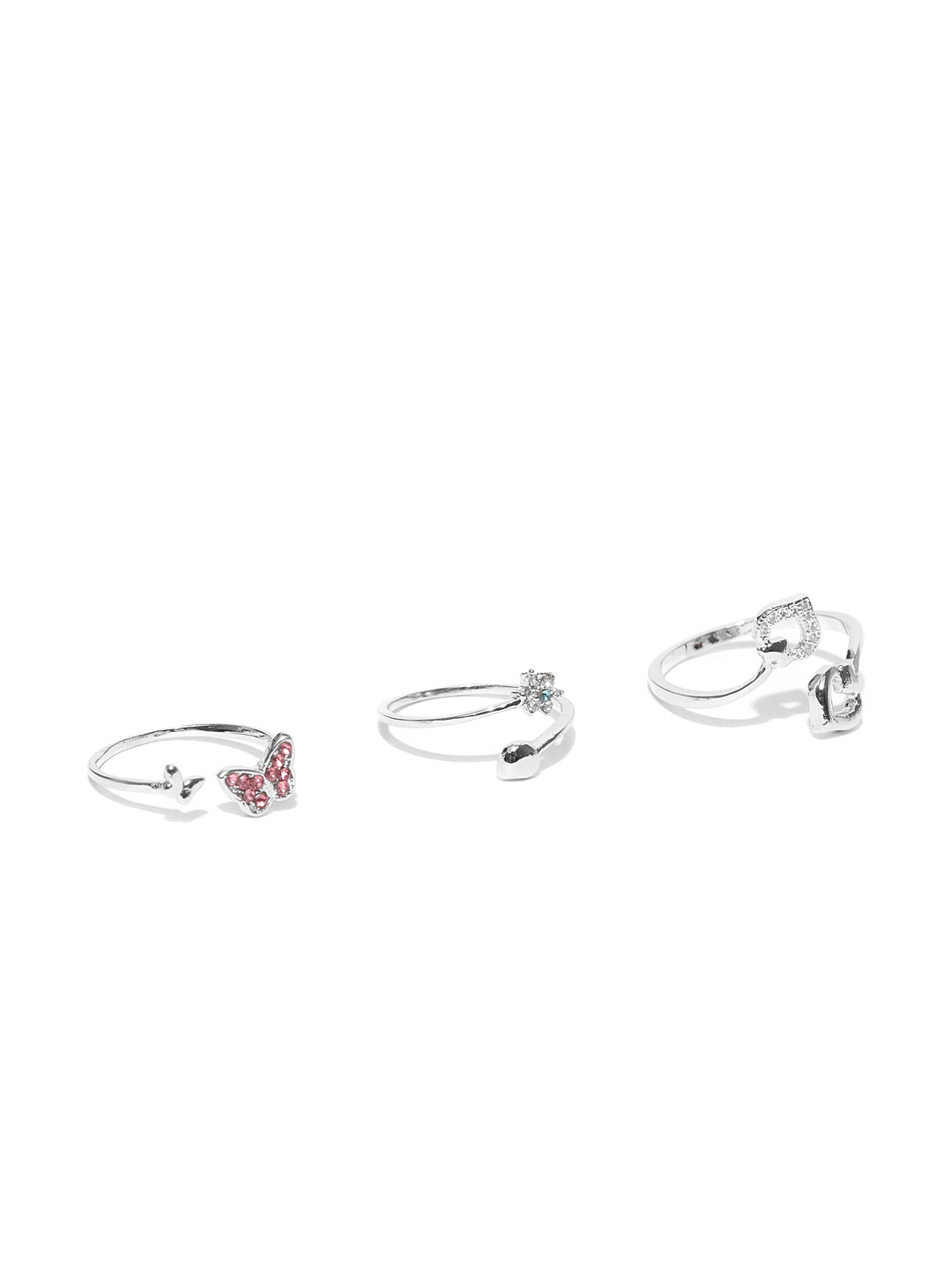

Mahi Women Set of 3 Silver-Toned CZ Stone-Studded Adjustable Rings