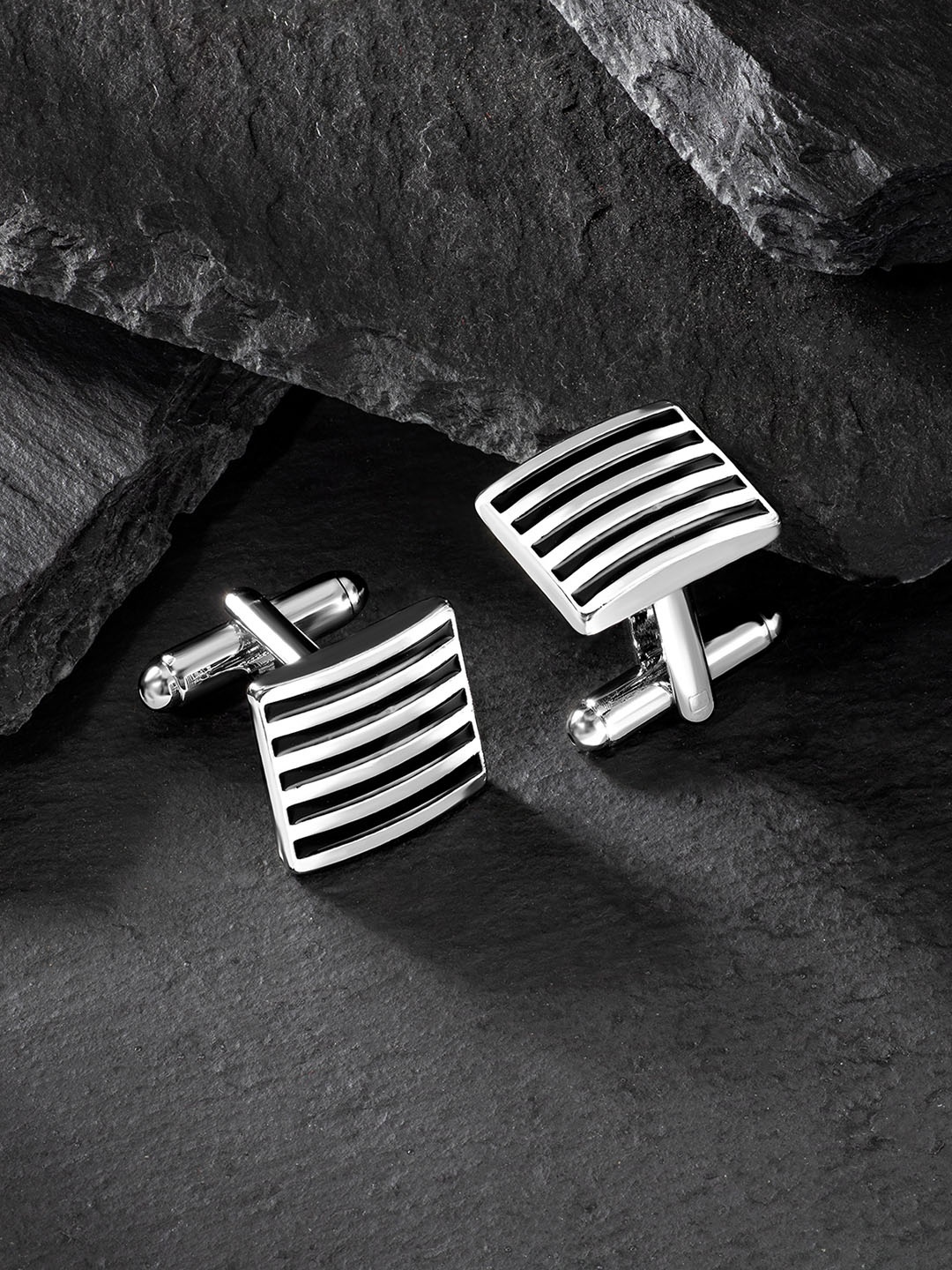 

Peora Silver-Toned & Black Square Cufflinks