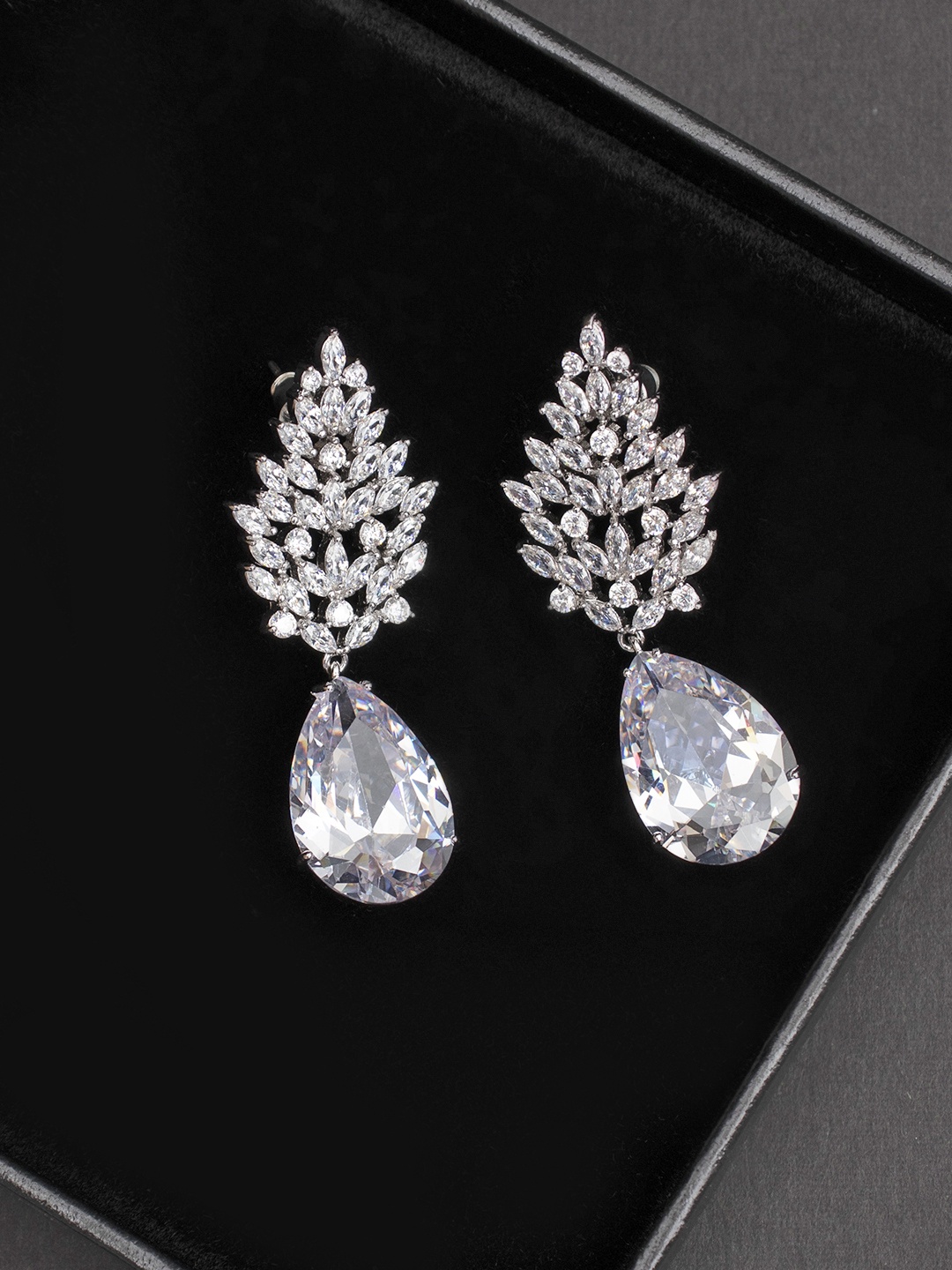 

Peora Silver-Plated CZ Stone Stuuded Teardrop Shaped Drop Earrings, White