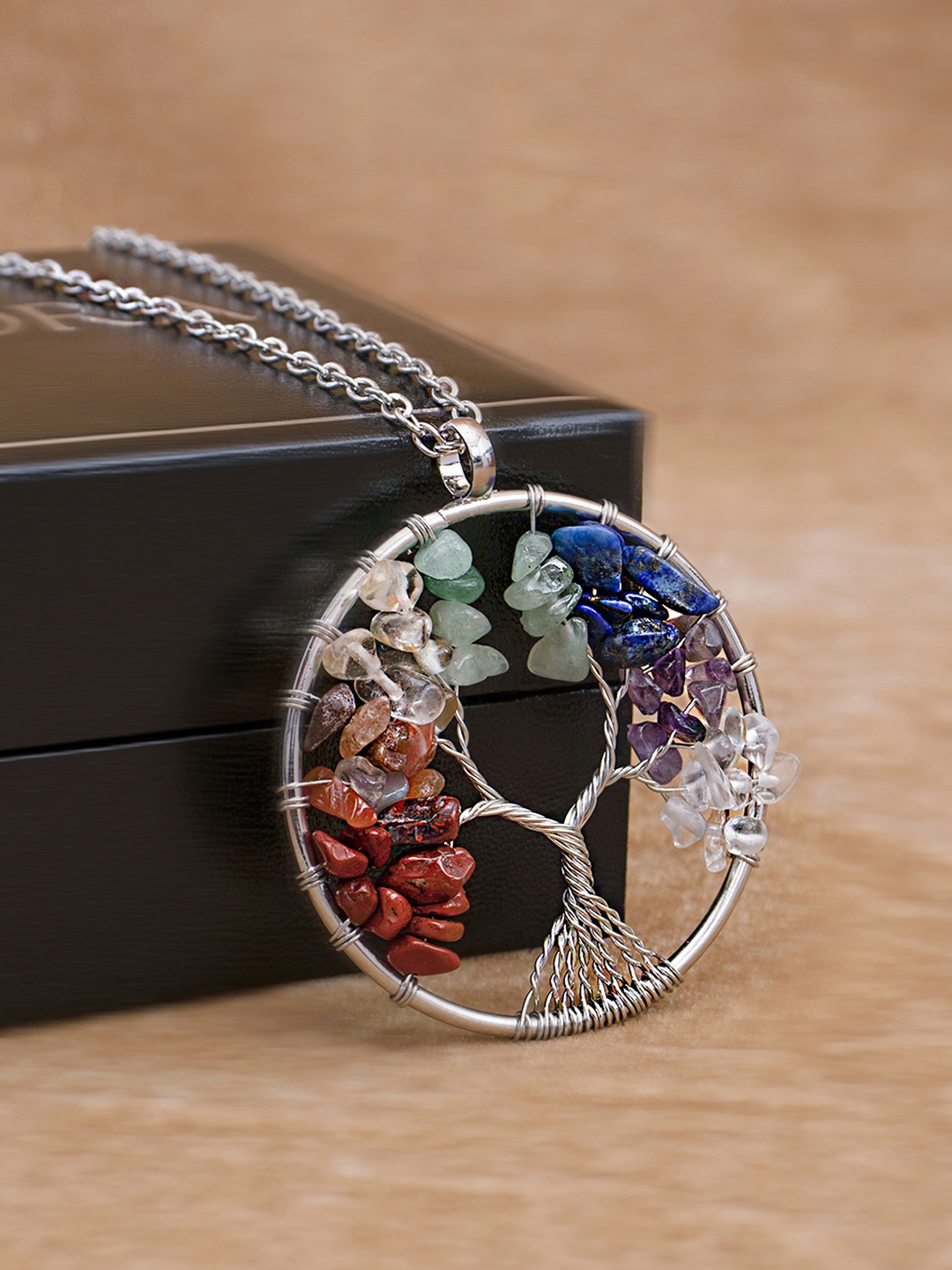 

Peora Silver-Toned 7 Chakra Rainbow Tree of Life Crystal Pendant With Chain