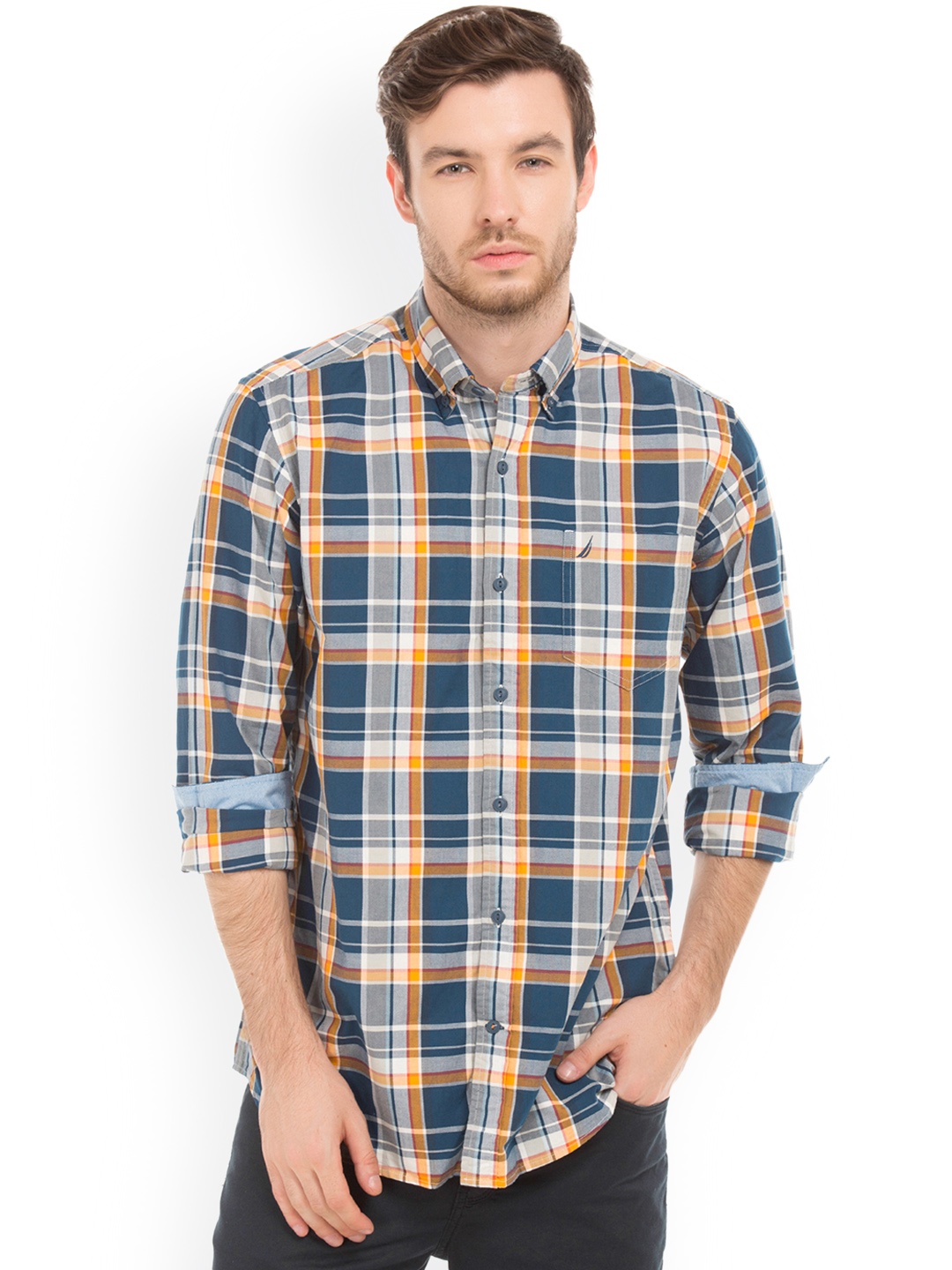 

Nautica Men Blue & Grey Regular Fit Checked Casual Shirt