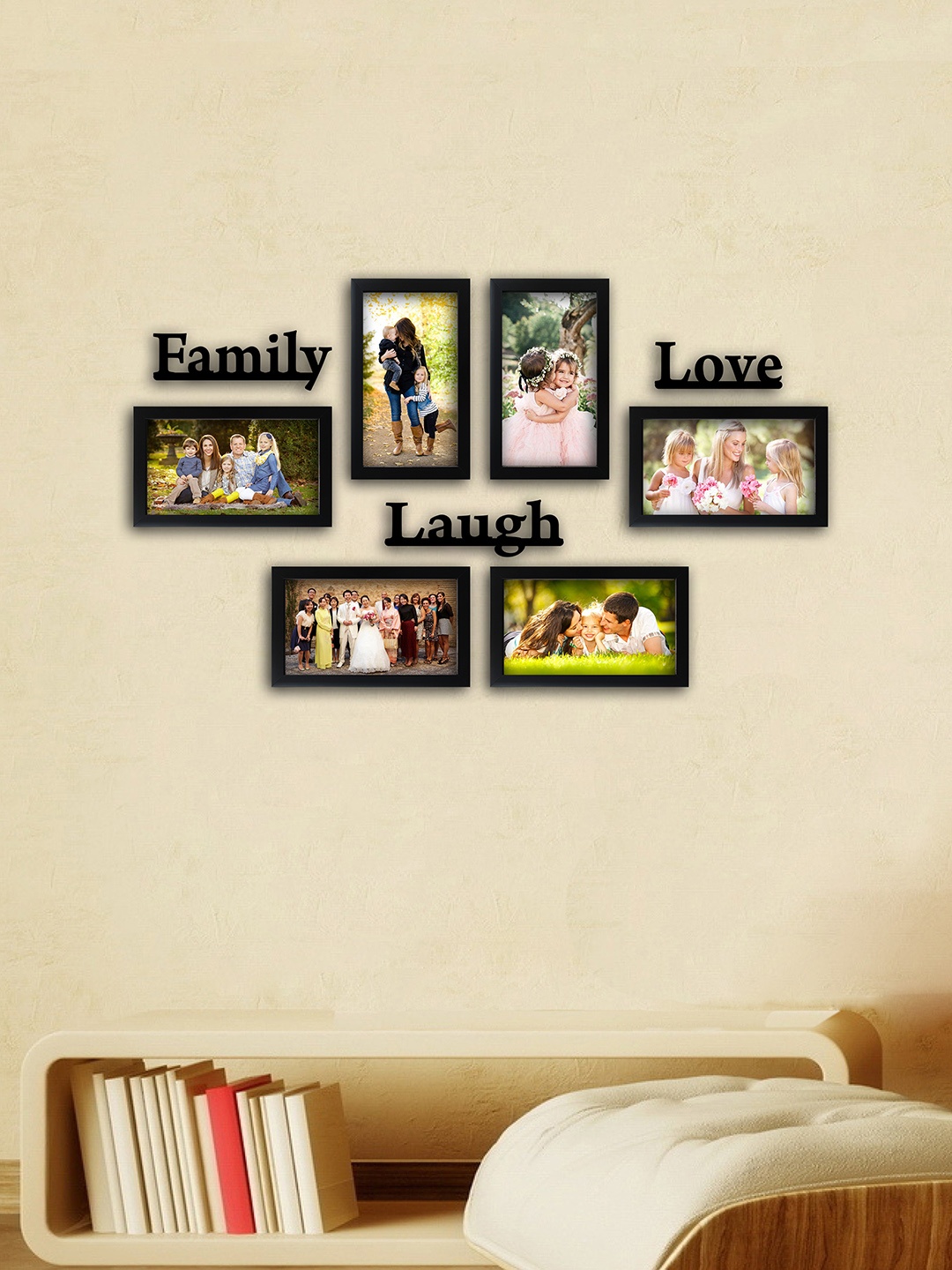

Random Set of 6 Black Photo Frames With Love Family Laugh Plaque