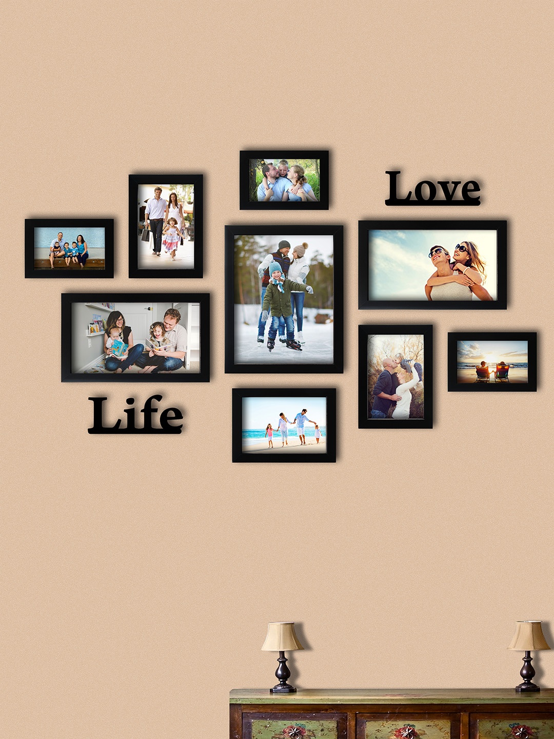 

Random Set of 9 Black Solid Photo Frames With "Love-Life" Plaques