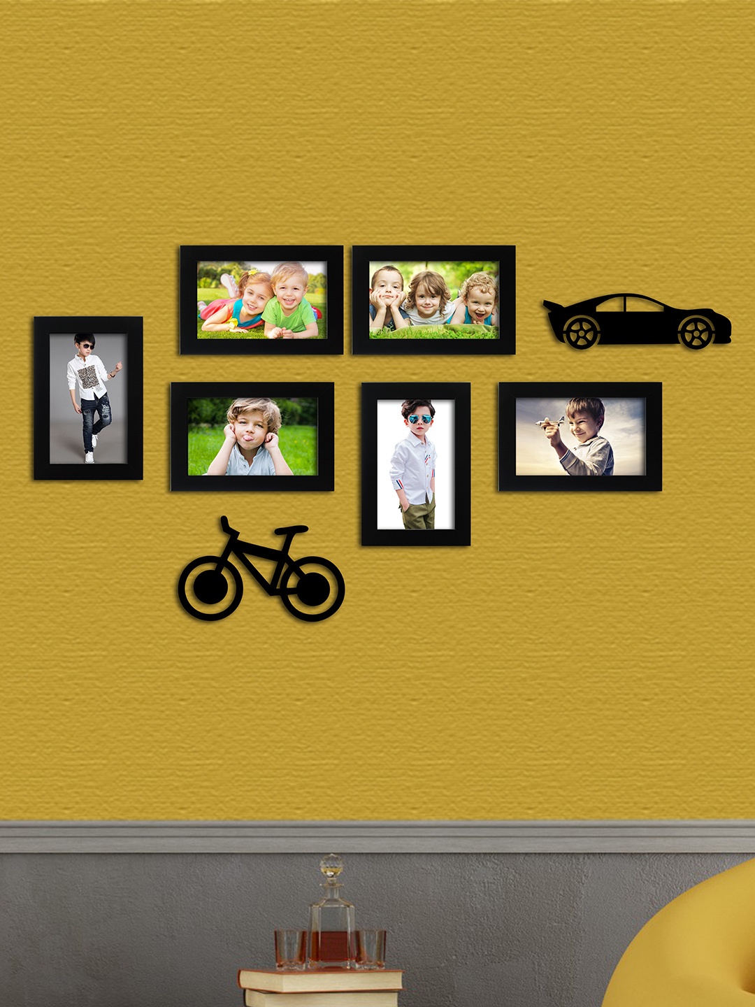 

Random Set of 6 Black Solid Photo Frames With Car & Cycle Shaped Plaques