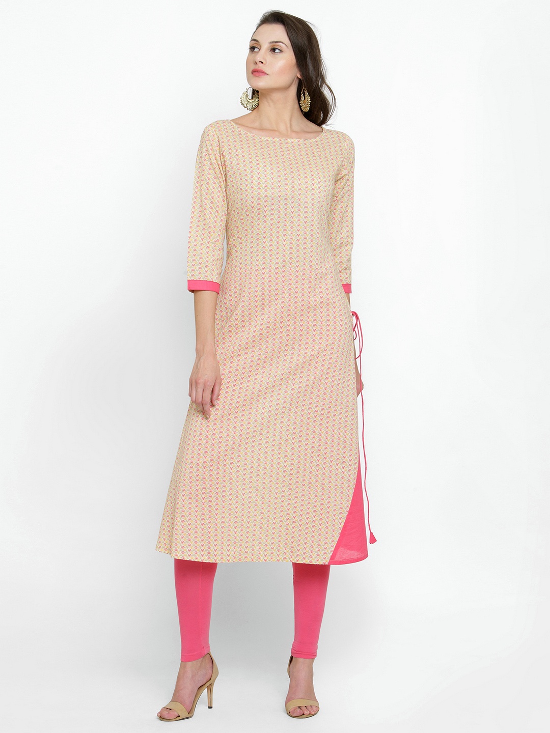 

Azira Women Cream-Coloured & Pink Printed Straight Kurta