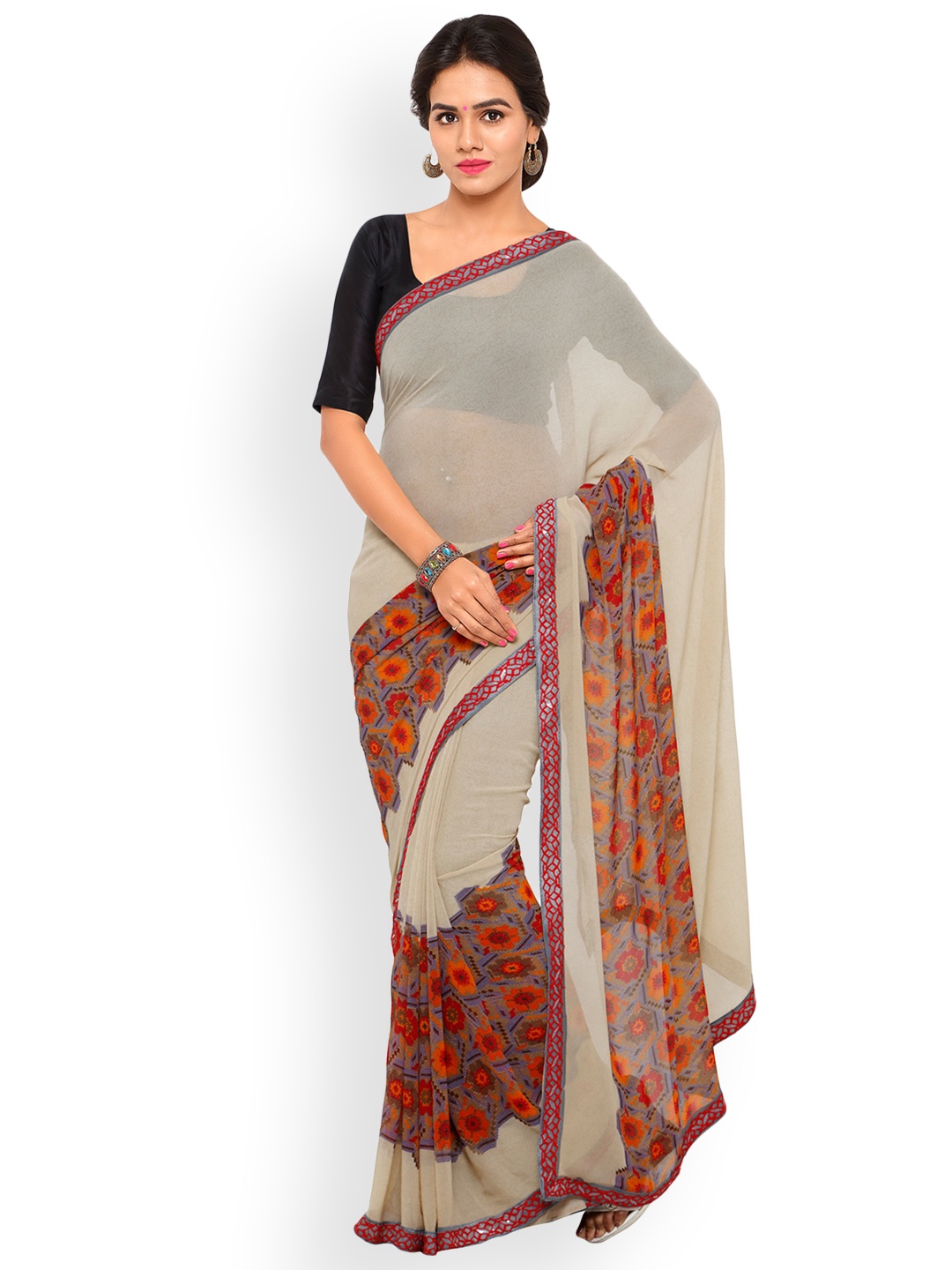

Shaily Beige & Red Pure Georgette Printed Saree