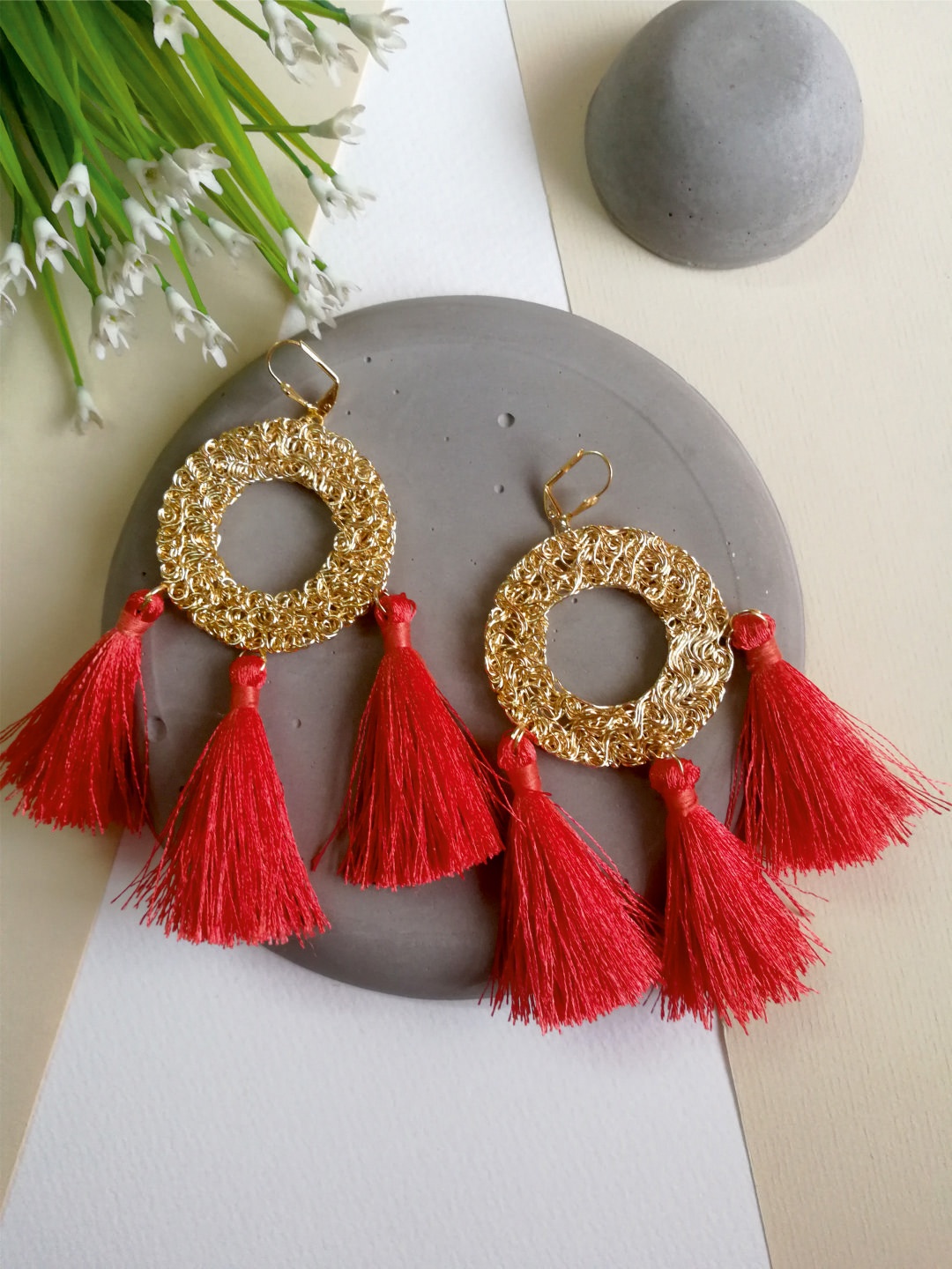 

Priyaasi Coral Pink Gold-Plated Tasseled Drop Earrings