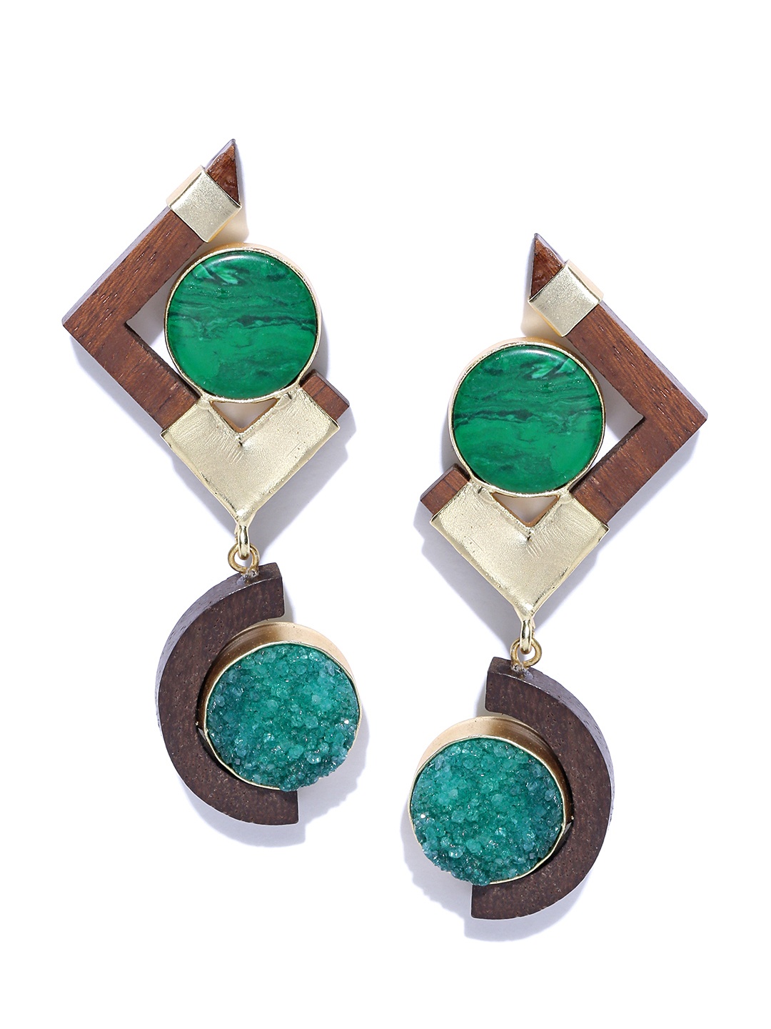 

Priyaasi Brown & Green Gold-Plated Handcrafted Geometric Drop Earrings