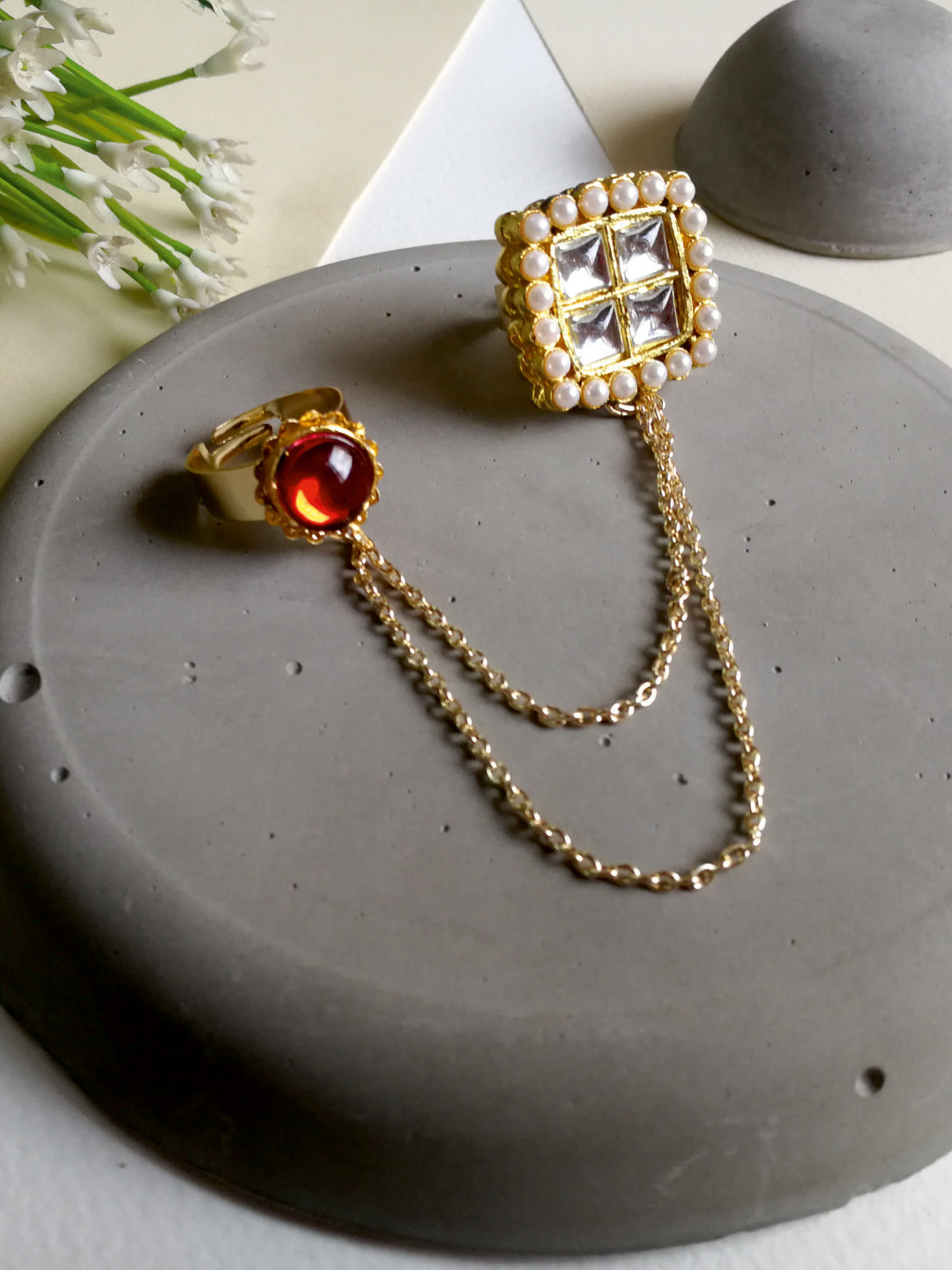 

Priyaasi Red & Off-White Gold-Plated Dual Finger Adjustable Ring