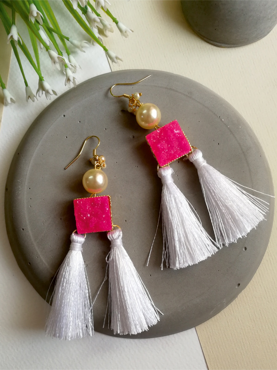 

Priyaasi Pink & White Gold-Plated Tasseled Drop Earrings