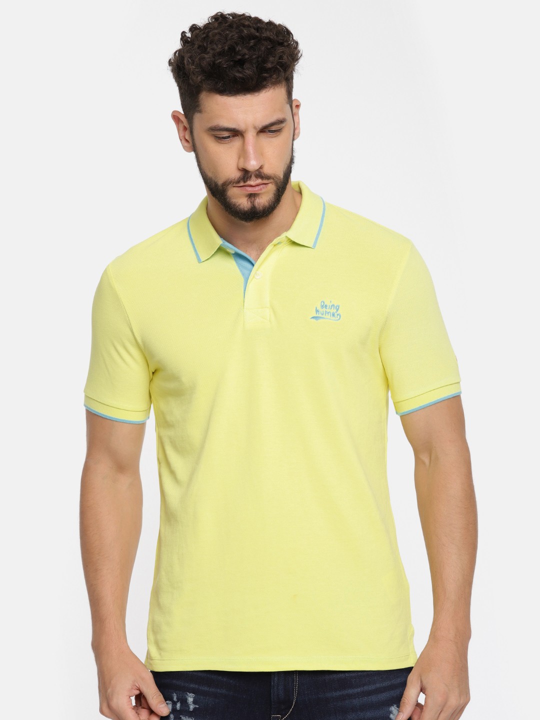 

Being Human Clothing Men Yellow Solid Polo Collar Pure Cotton T-shirt