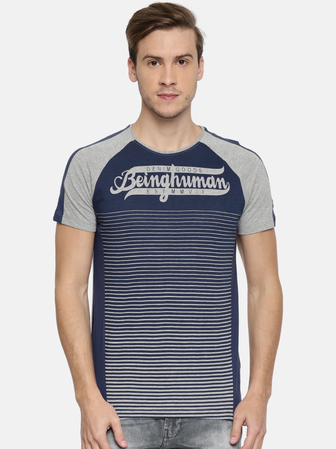 

Being Human Clothing Men Blue Striped Round Neck Pure Cotton T-shirt