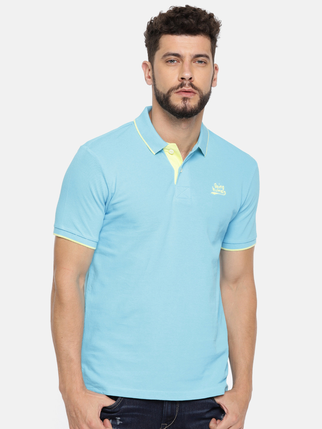 

Being Human Clothing Men Blue Solid Polo Collar Pure Cotton T-shirt
