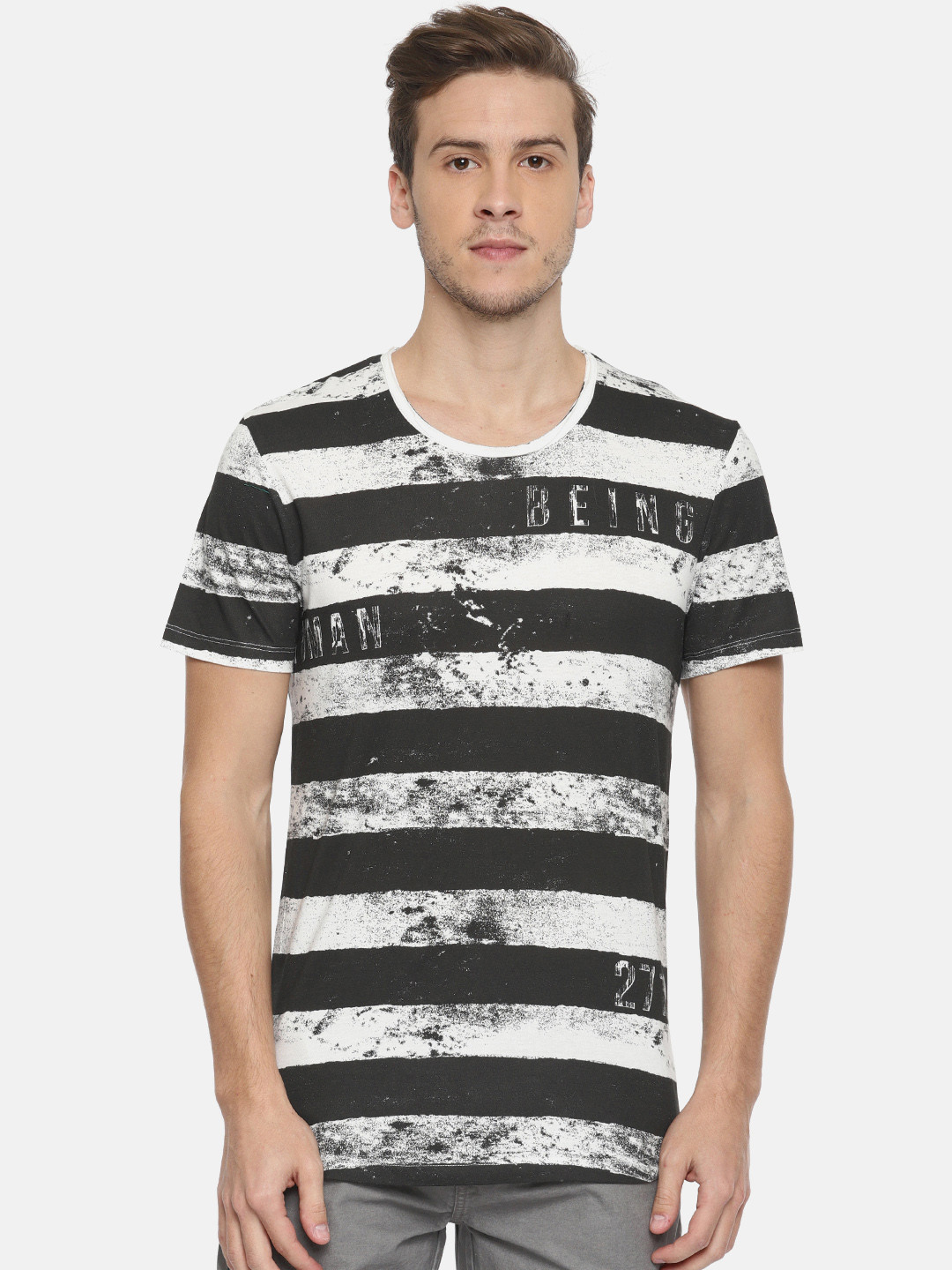 

Being Human Men Black White Striped Round Neck Pure Cotton T-shirt