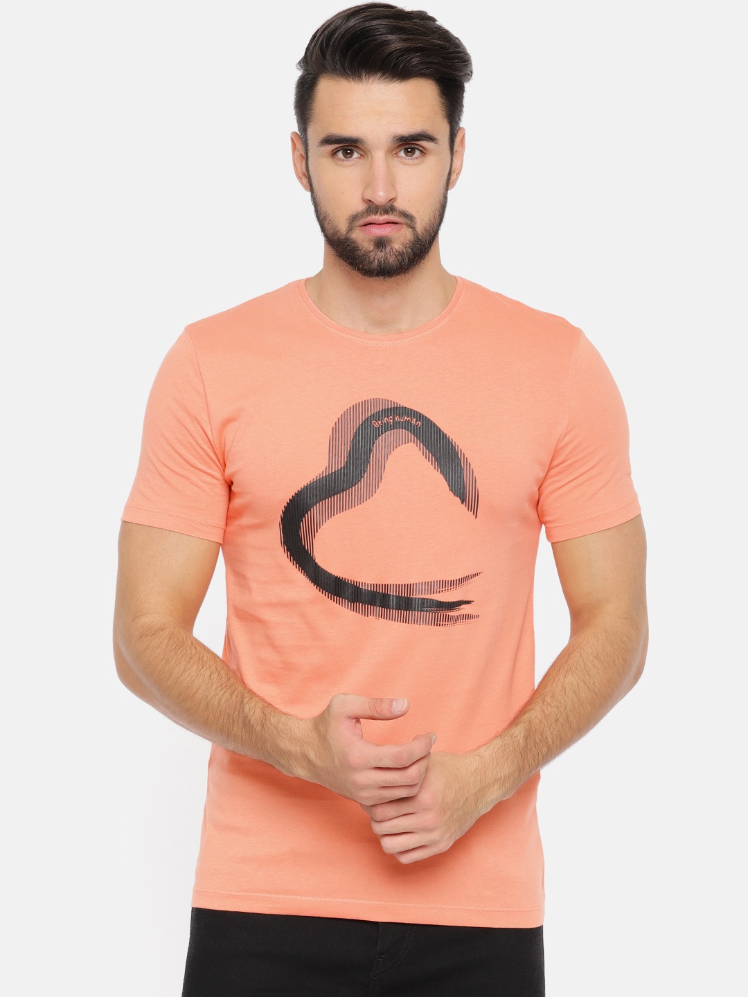 

Being Human Clothing Men Coral Pink Printed Round Neck T-shirt
