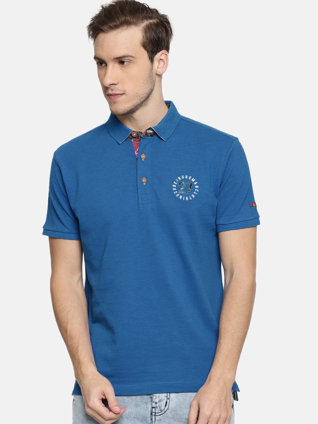 

Being Human Clothing Men Blue Solid Polo Collar Pure Cotton T-shirt